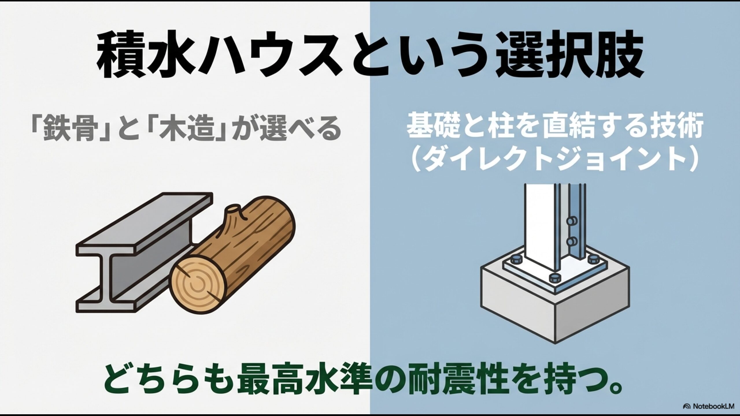 鉄骨と木造の両方から選べる積水ハウスの特徴と、基礎と柱を直結するダイレクトジョイント技術のイラスト。