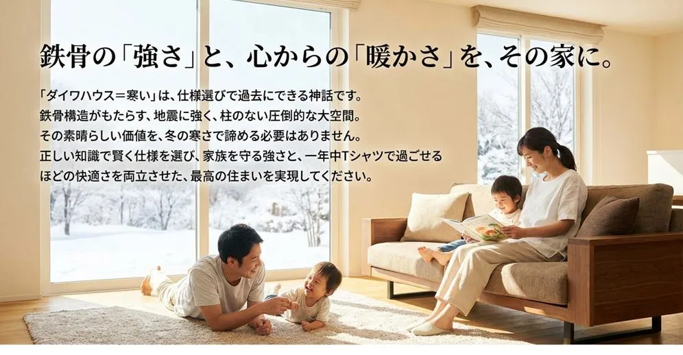 正しい知識で仕様を選ぶことで、地震に強い鉄骨構造と一年中Tシャツで過ごせるほどの快適さを両立できるという結びのメッセージ。