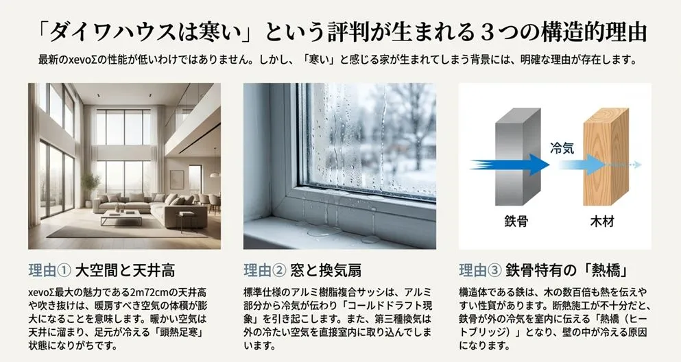 大空間と天井高、窓と換気扇、鉄骨特有の熱橋(ヒートブリッジ)という、ダイワハウスが寒いと感じられる3つの構造的な理由を解説した図