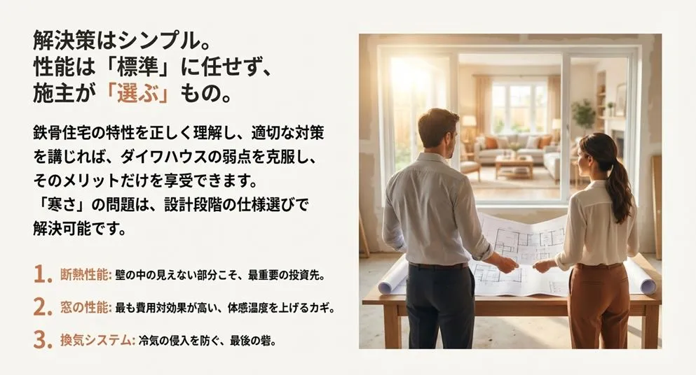 鉄骨住宅の弱点を克服するために施主が選ぶべき、断熱性能、窓の性能、換気システムの3つの重要ポイントを紹介するスライド