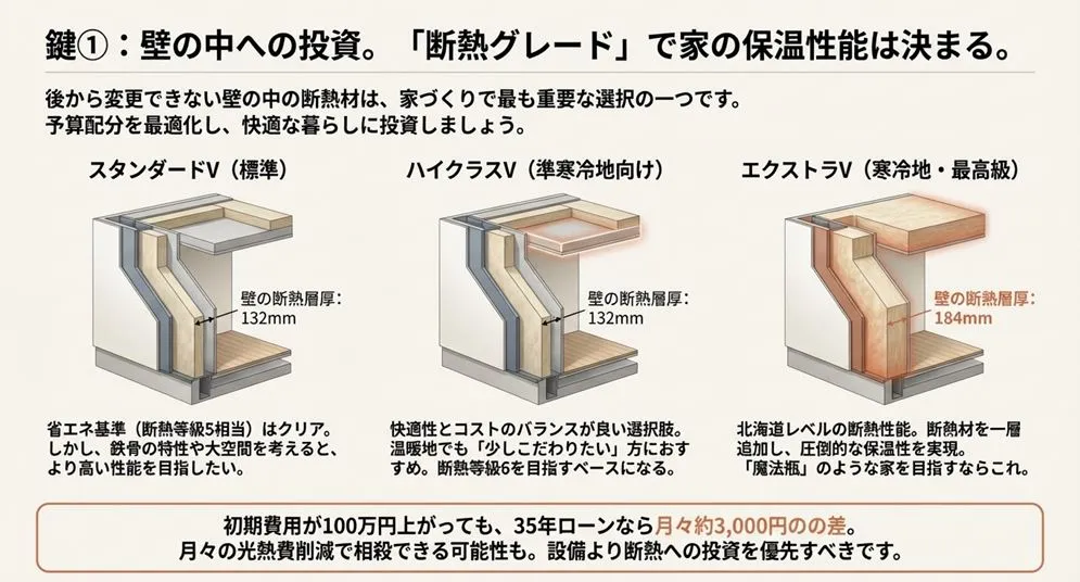 スタンダードV、ハイクラスV、エクストラVの断熱層厚(132mm〜184mm)と比較。初期投資を優先すべき壁の断熱材の重要性を解説