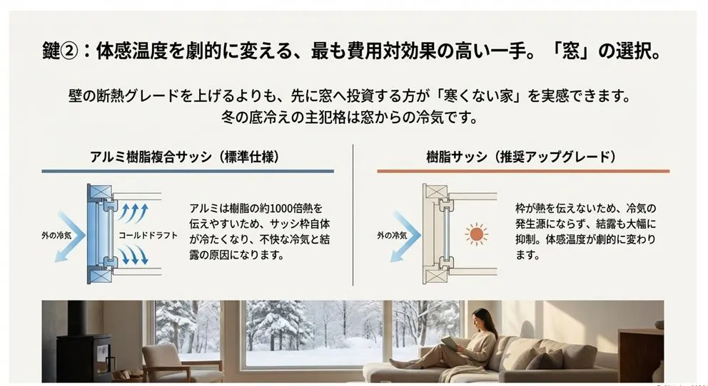 標準のアルミ樹脂複合サッシと推奨の樹脂サッシの断面図比較。コールドドラフト現象を防ぎ、結露を抑制する樹脂サッシの効果を図解