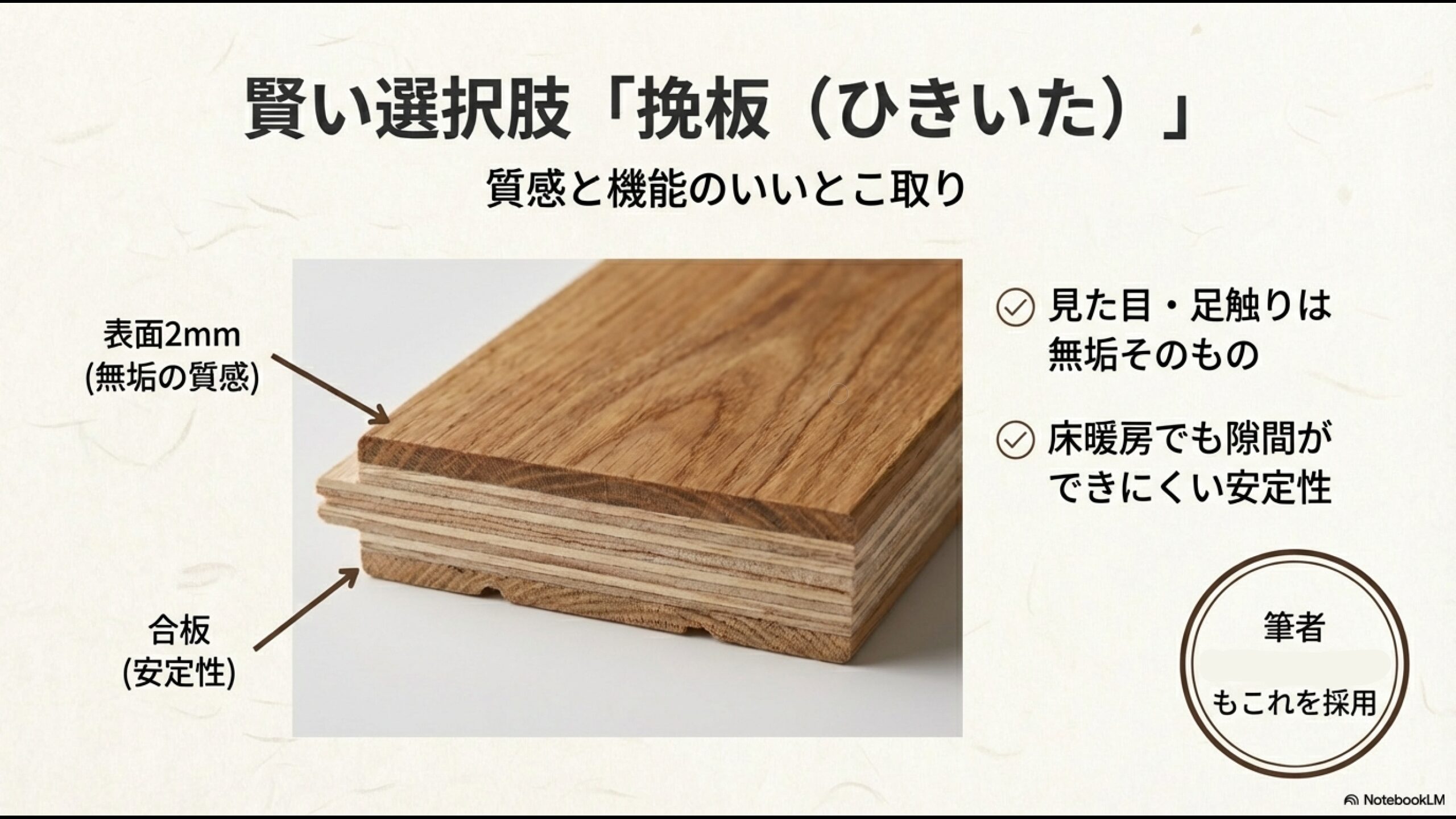 表面2mmの無垢材と合板を組み合わせた挽板(ひきいた)の構造。積水ハウス施主である筆者も採用した理由。