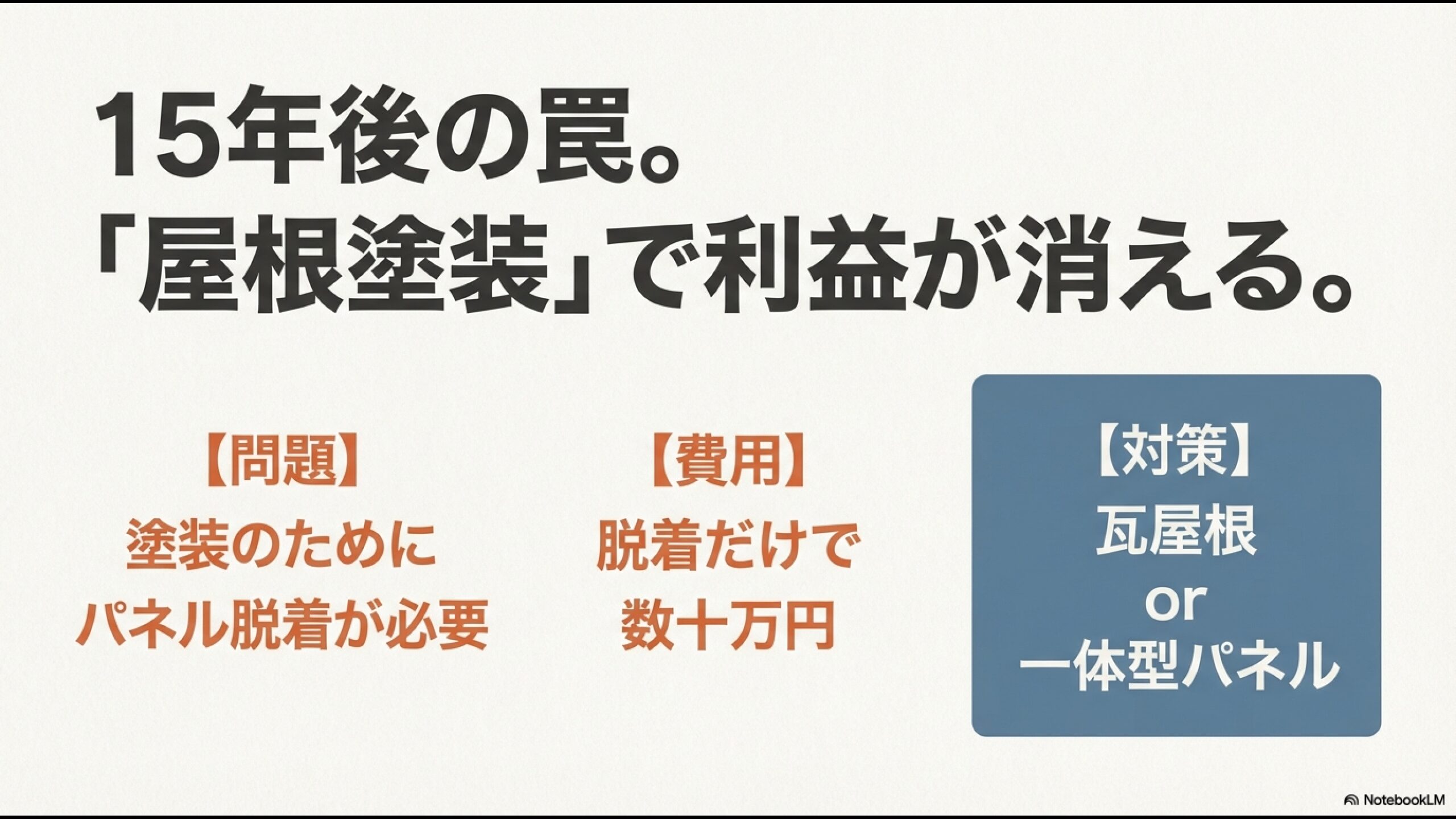 15年後の屋根塗装時にパネル脱着費用がかかり利益が消える問題と対策