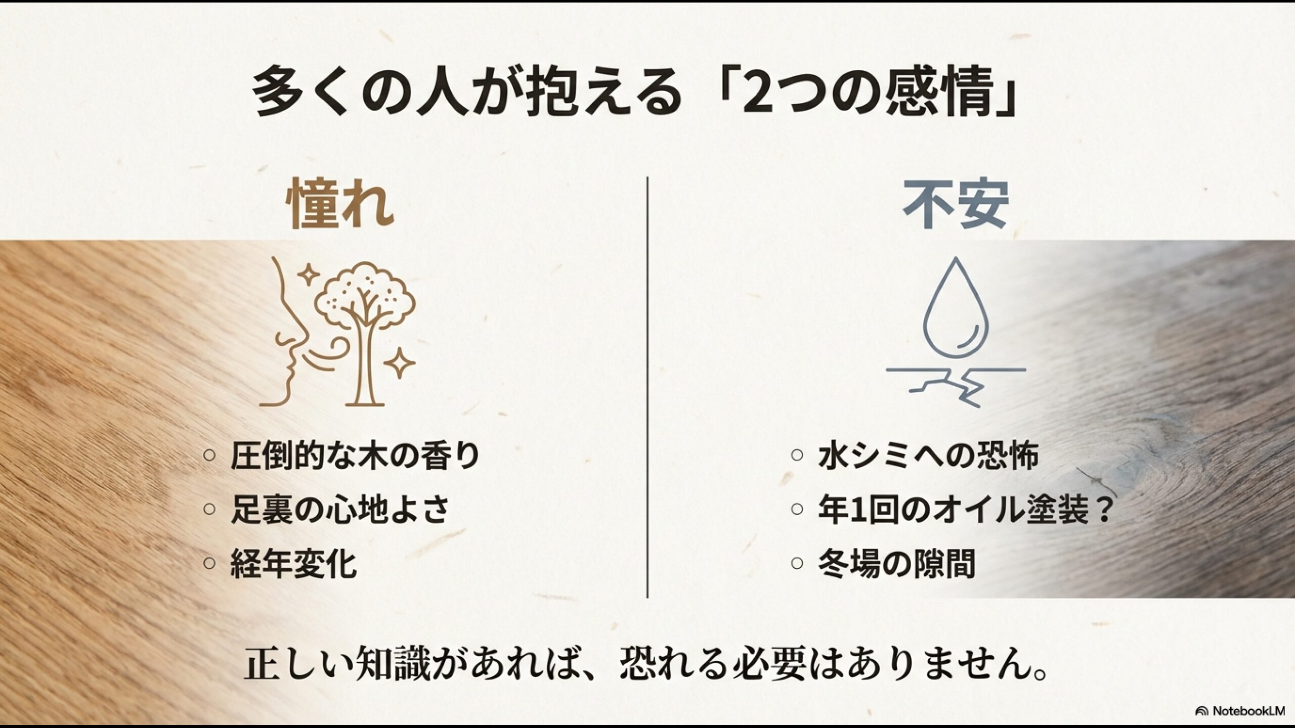 無垢床のメリット(香り・経年変化)とデメリット(水シミ・乾燥による隙間)の比較イラスト
