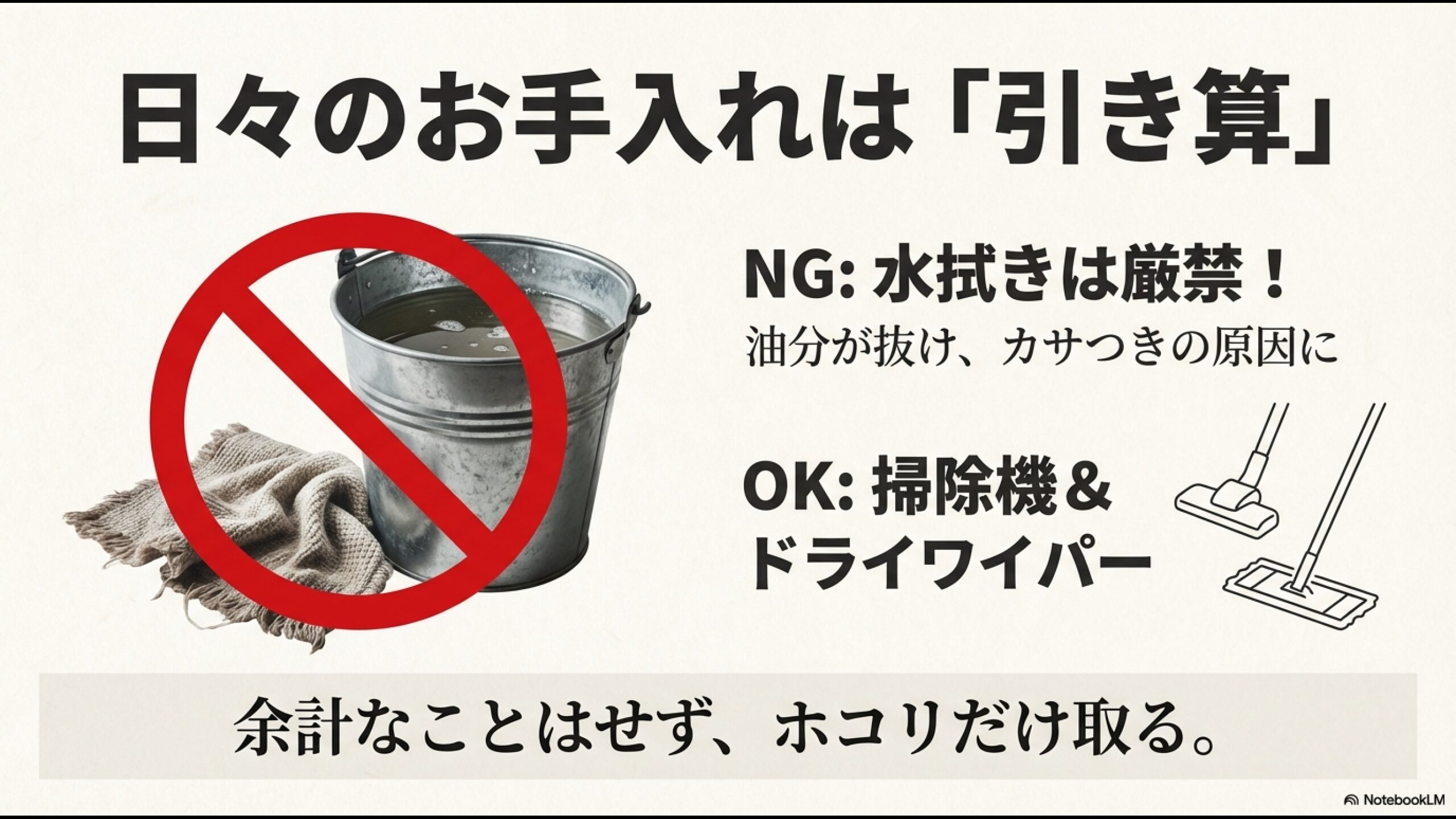 オイル仕上げの無垢床メンテナンスにおける禁止事項。水拭きによる油分抜けと乾燥リスクについて。