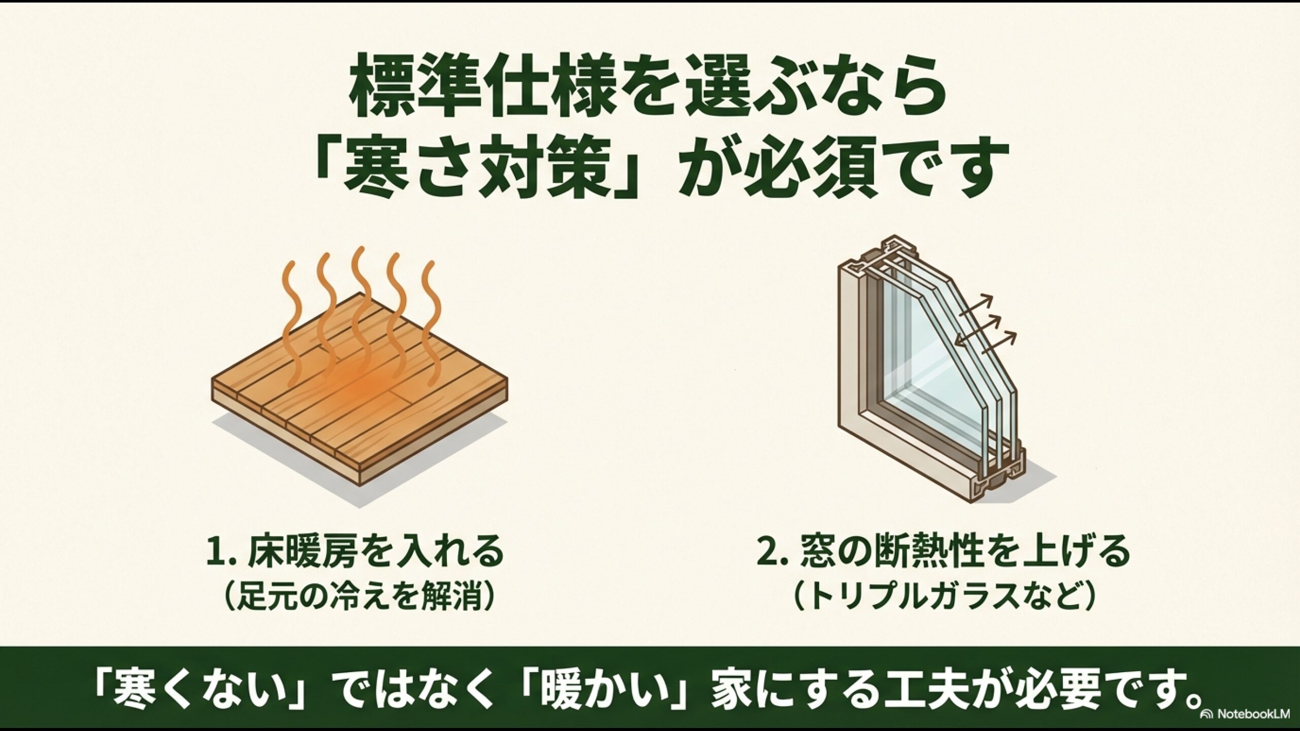 住友林業の標準仕様で快適に過ごすための床暖房導入と窓の断熱性向上(トリプルガラス)対策