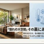 住友林業のビッグフレーム構法で叶える大空間リビングへの憧れと、冬の寒さや光熱費に対する現実的な不安の対比図