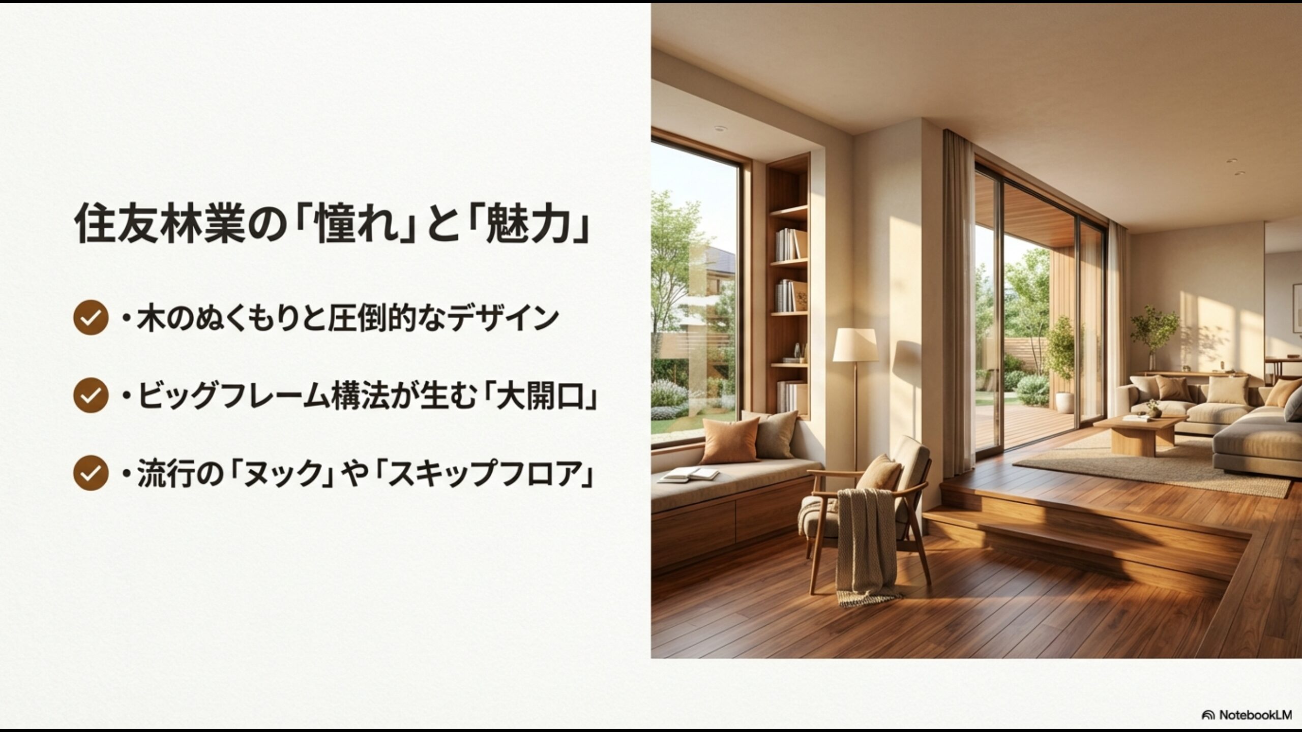 木のぬくもりあふれる大開口リビングの内観パース。ビッグフレーム構法によるヌックやスキップフロアの提案。