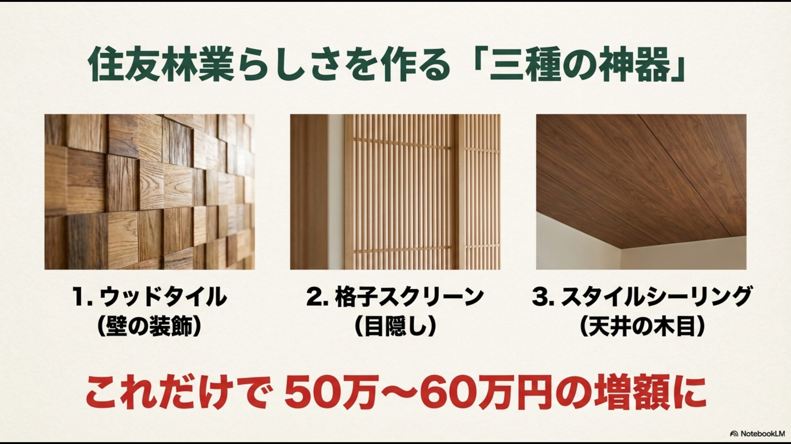 住友林業らしさを作る三種の神器(ウッドタイル・格子スクリーン・スタイルシーリング)