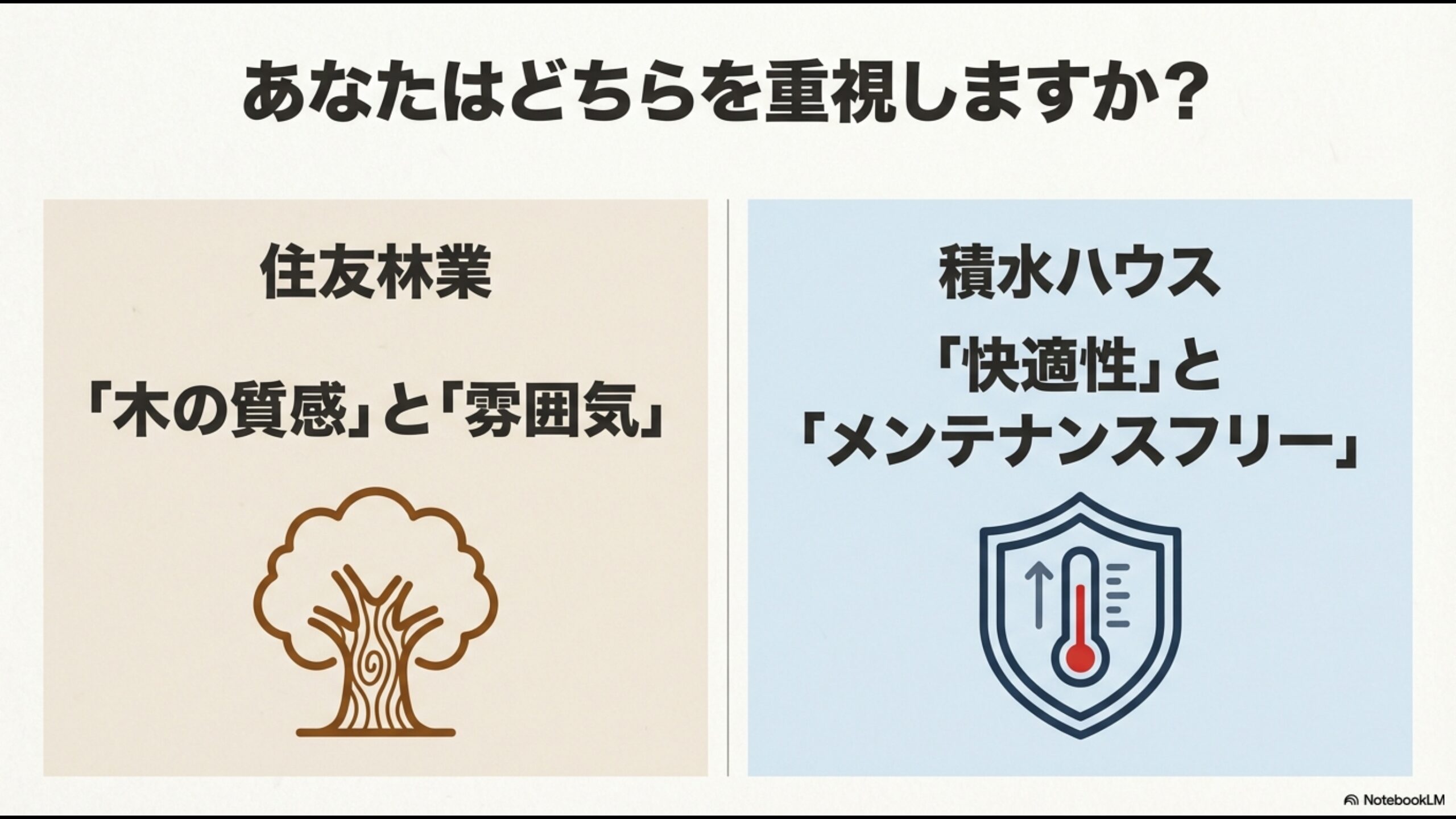 住友林業の木の質感・雰囲気と、積水ハウスの快適性・メンテナンスフリー性能を対比させたイラスト。