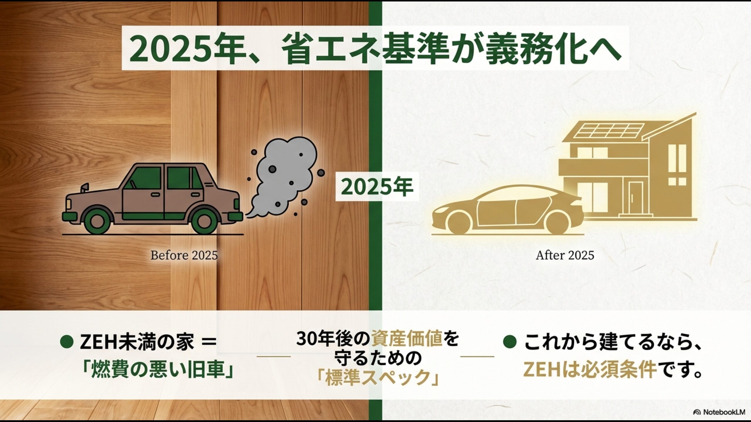 省エネ基準義務化以前の家は燃費の悪い旧車扱いになり資産価値が下がるイメージ図