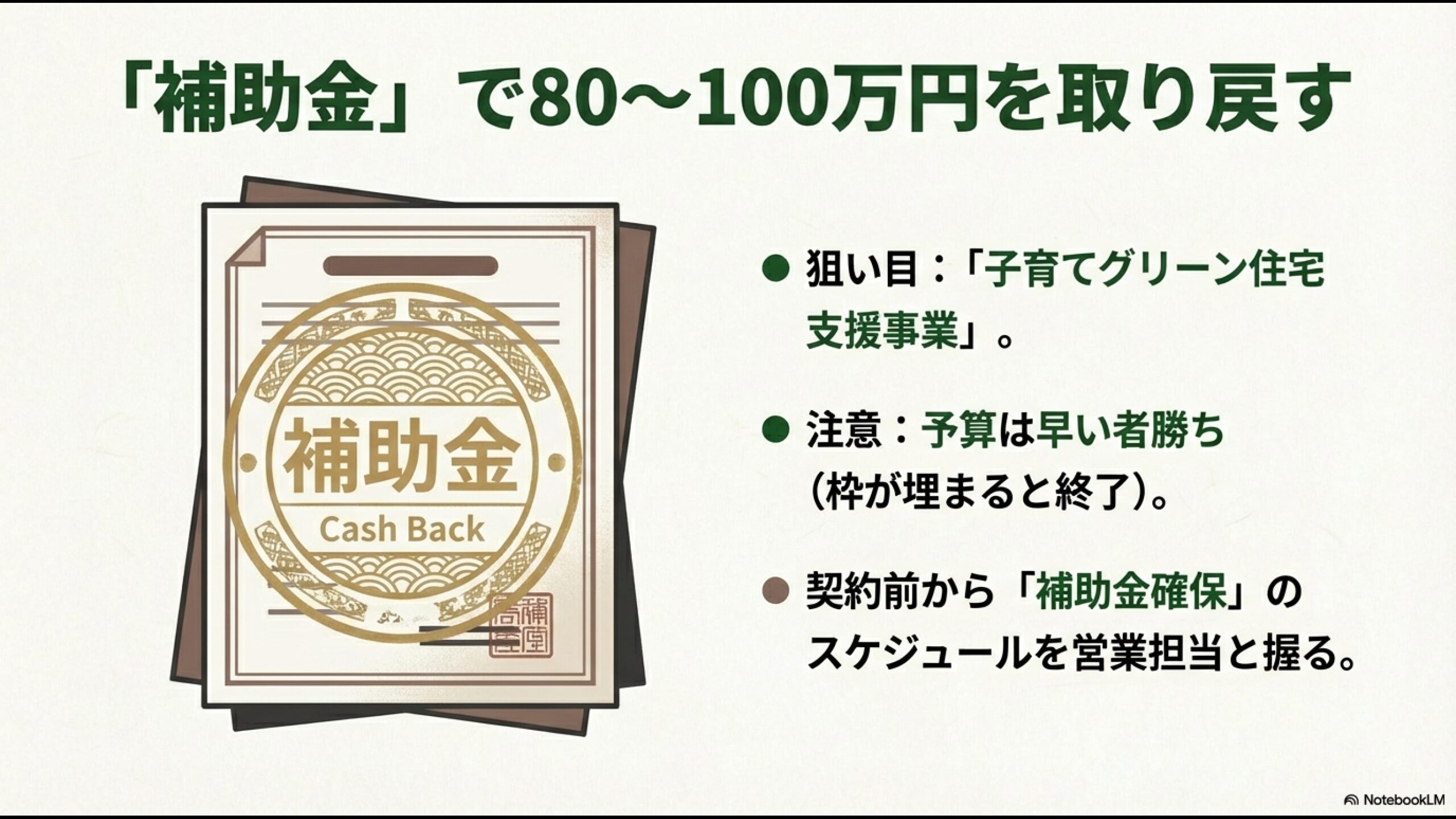 補助金で80〜100万円を取り戻す。子育てグリーン住宅支援事業の枠確保とスケジュールの重要性。