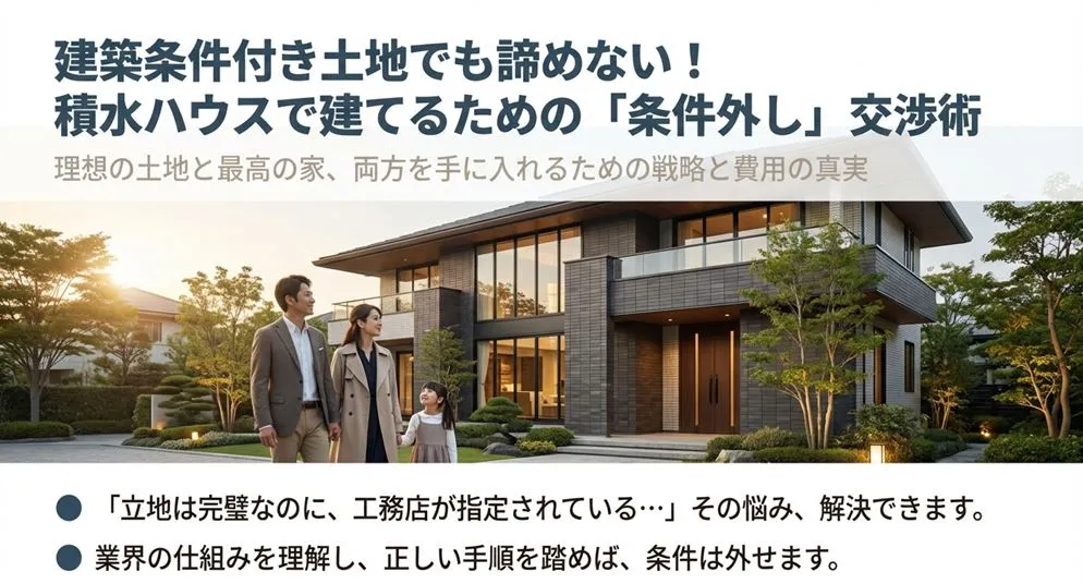 積水ハウスの外観と家族の写真を背景に、「建築条件付き土地でも諦めない!積水ハウスで建てるための『条件外し』交渉術」と書かれたガイドの表紙