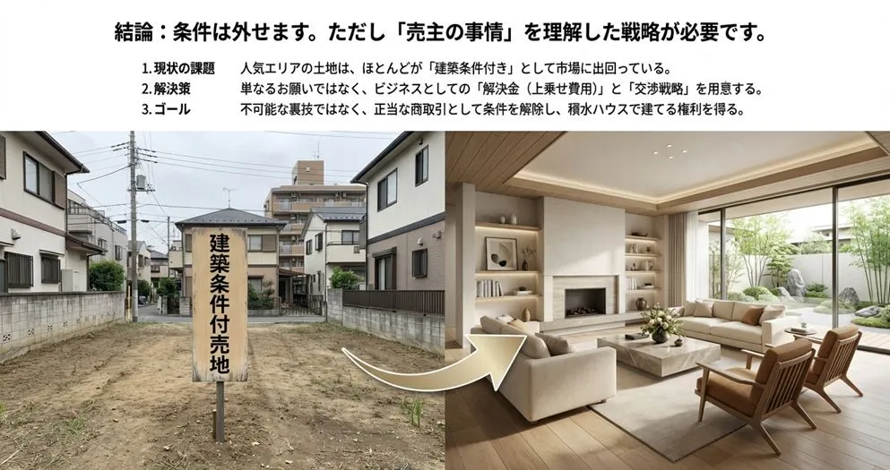 建築条件付き売地の看板から理想の積水ハウスの内観へ向かう矢印。「結論:条件は外せます」「ビジネスとしての解決金と交渉戦略を用意する」という一文が添えられたイメージ図