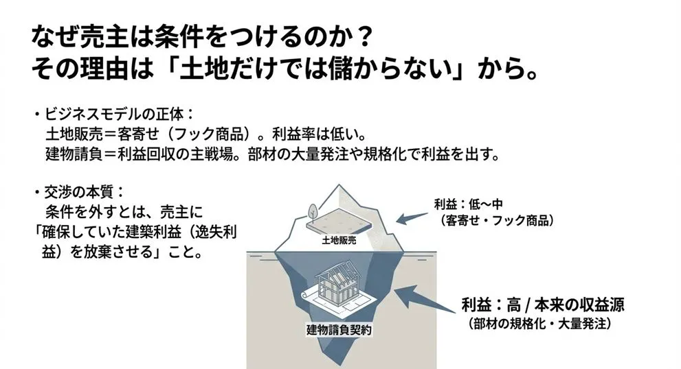 土地販売は利益率が低い「客寄せ(フック商品)」、建物請負は利益率が高い「本来の収益源」であることを示す、不動産業界のビジネスモデルの図解