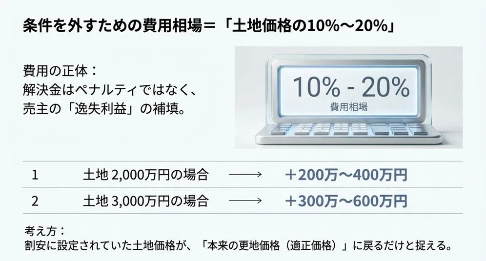 条件を外すための費用相場が土地価格の10%〜20%であることを示す電卓のイメージ。2,000万円なら+200万〜400万円、3,000万円なら+300万〜600万円という具体例の記載