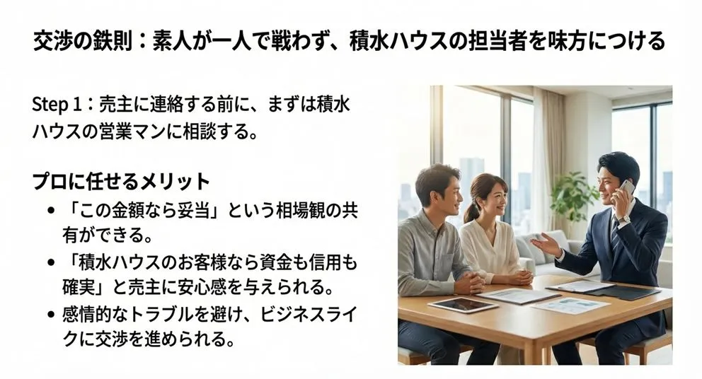 施主夫婦と積水ハウスの担当者が打ち合わせている様子。「素人が一人で戦わず、積水ハウスの担当者を味方につける」「相場観の共有や売主への安心感付与」といったプロに任せるメリットの解説