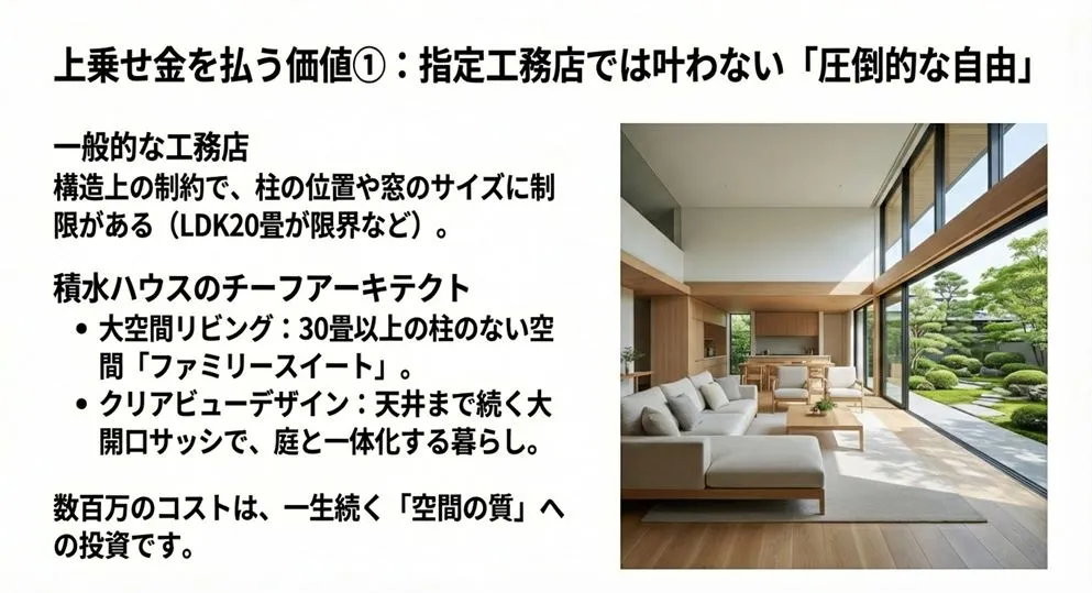 柱のない30畳以上の大空間リビング「ファミリースイート」と、天井まで続く大開口「クリアビューデザイン」による、庭と一体化した開放的なリビングのイメージ。