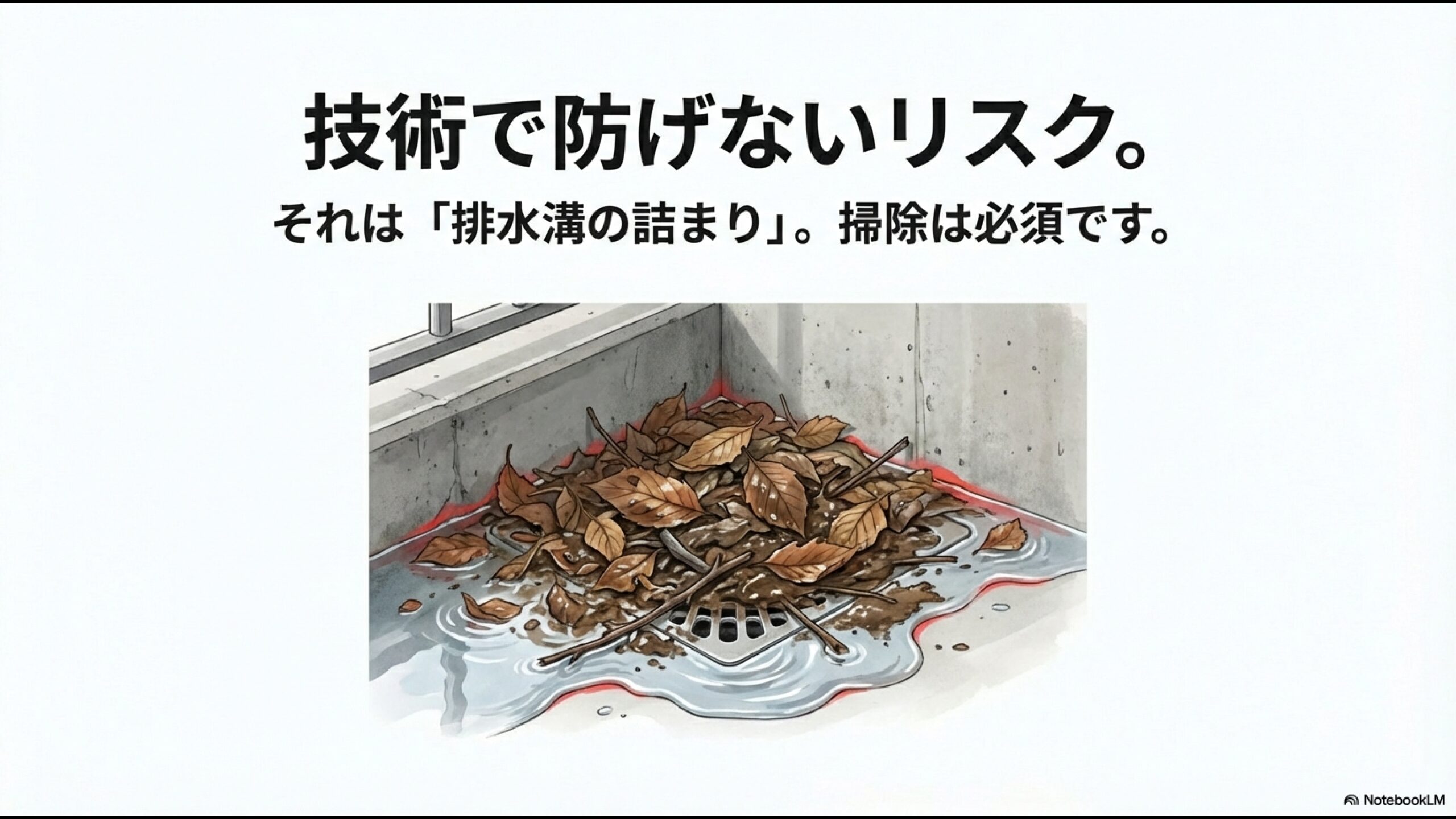 落ち葉で排水溝が詰まり、水が溢れているイラスト。技術で防げないリスクとして掃除が必須であることを解説