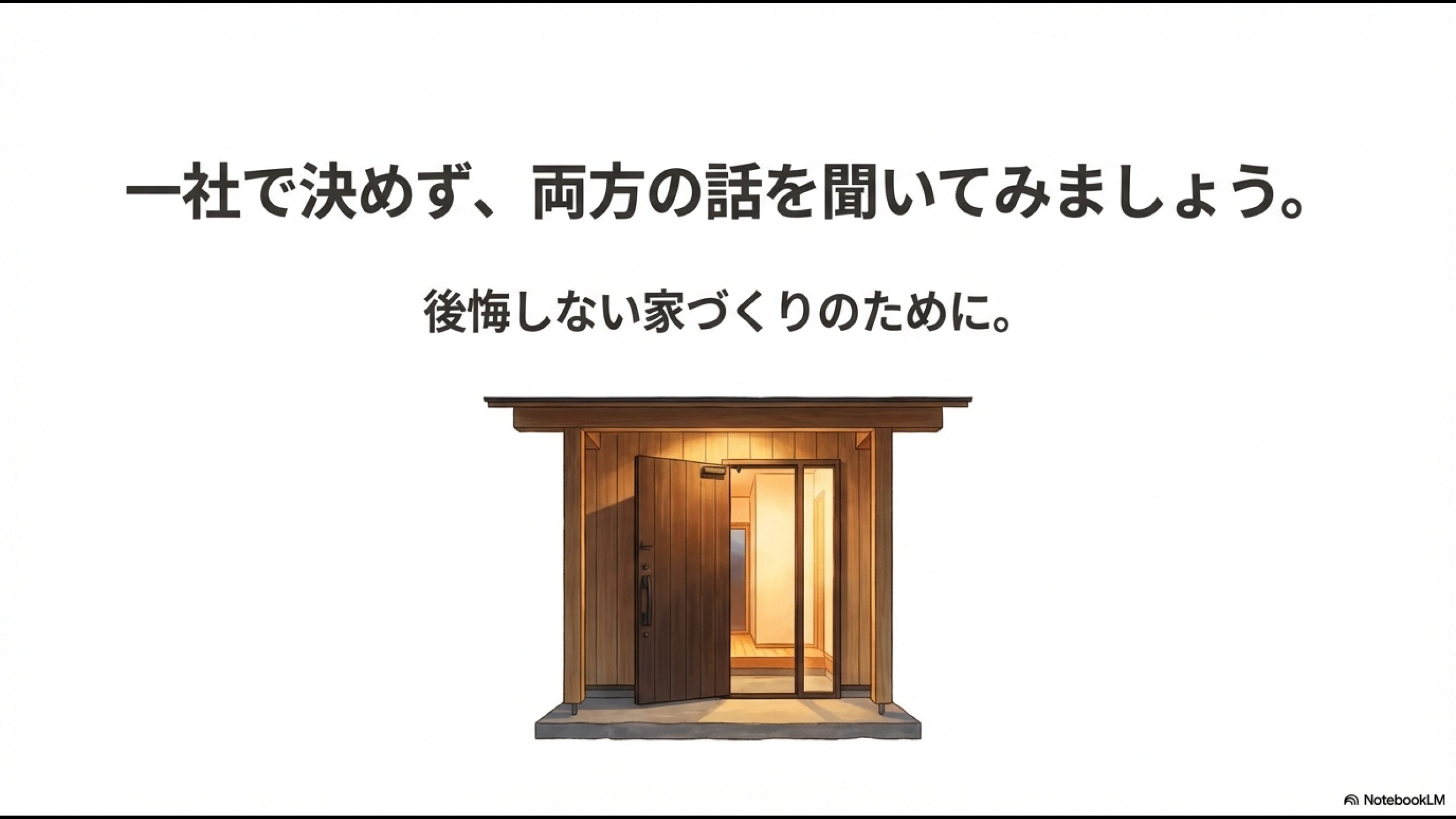 一社で決めず、両方の話を聞いてみましょう。後悔しない家づくりのためにというメッセージと玄関のイラスト
