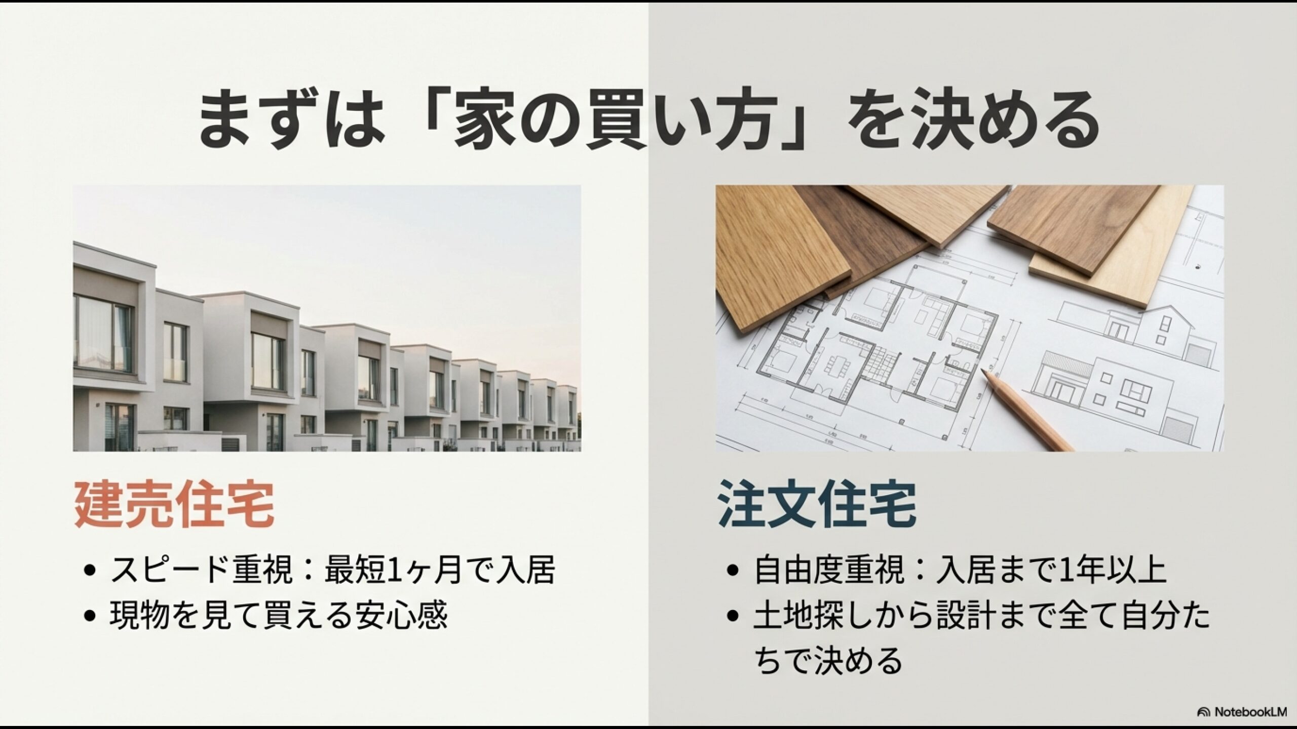 建売住宅と注文住宅のメリット・デメリットと特徴を比較した図