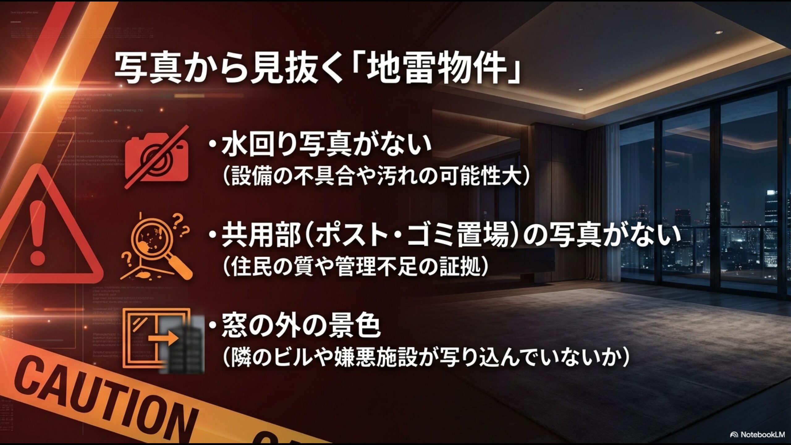 中古マンション選びの注意点。水回りや共用部の写真がない物件や、窓の外の景色にリスクがある物件の特徴。