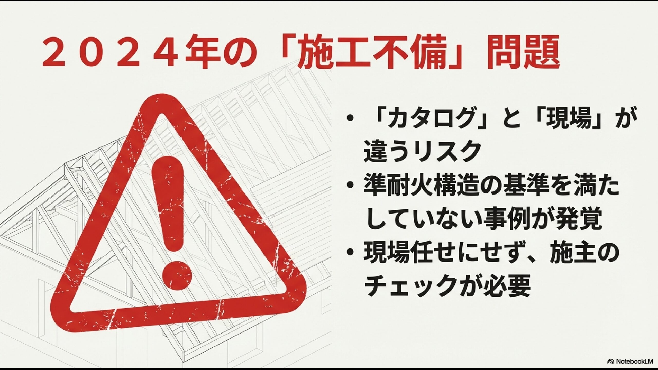 建築図面の上に表示された警告マーク。カタログと現場の施工品質が異なるリスクと施工不備問題への注意喚起。