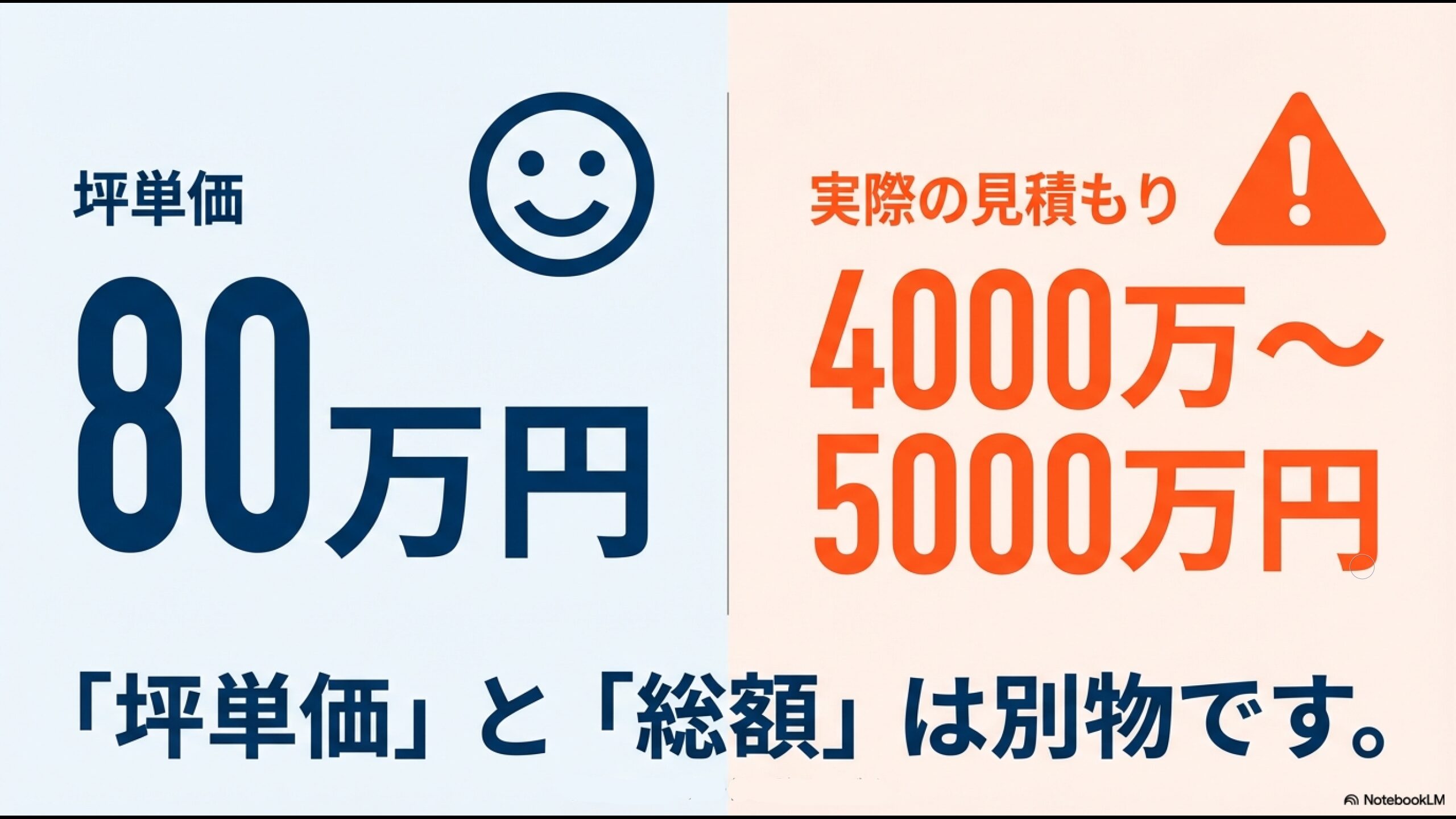 坪単価と総額は別物であることを示す比較イラスト。実際のオーナー体験談に基づく注意喚起。