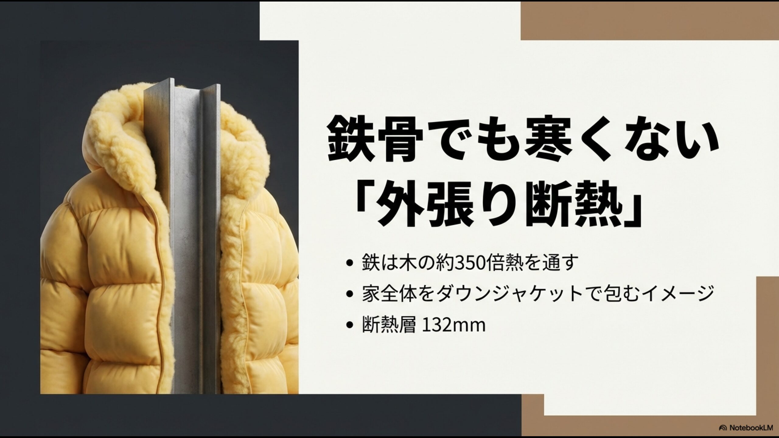 鉄骨の弱点である熱橋を防ぐため、家全体を断熱材で包み込む大和ハウスの外張り断熱(ダウンジャケット)のイメージ