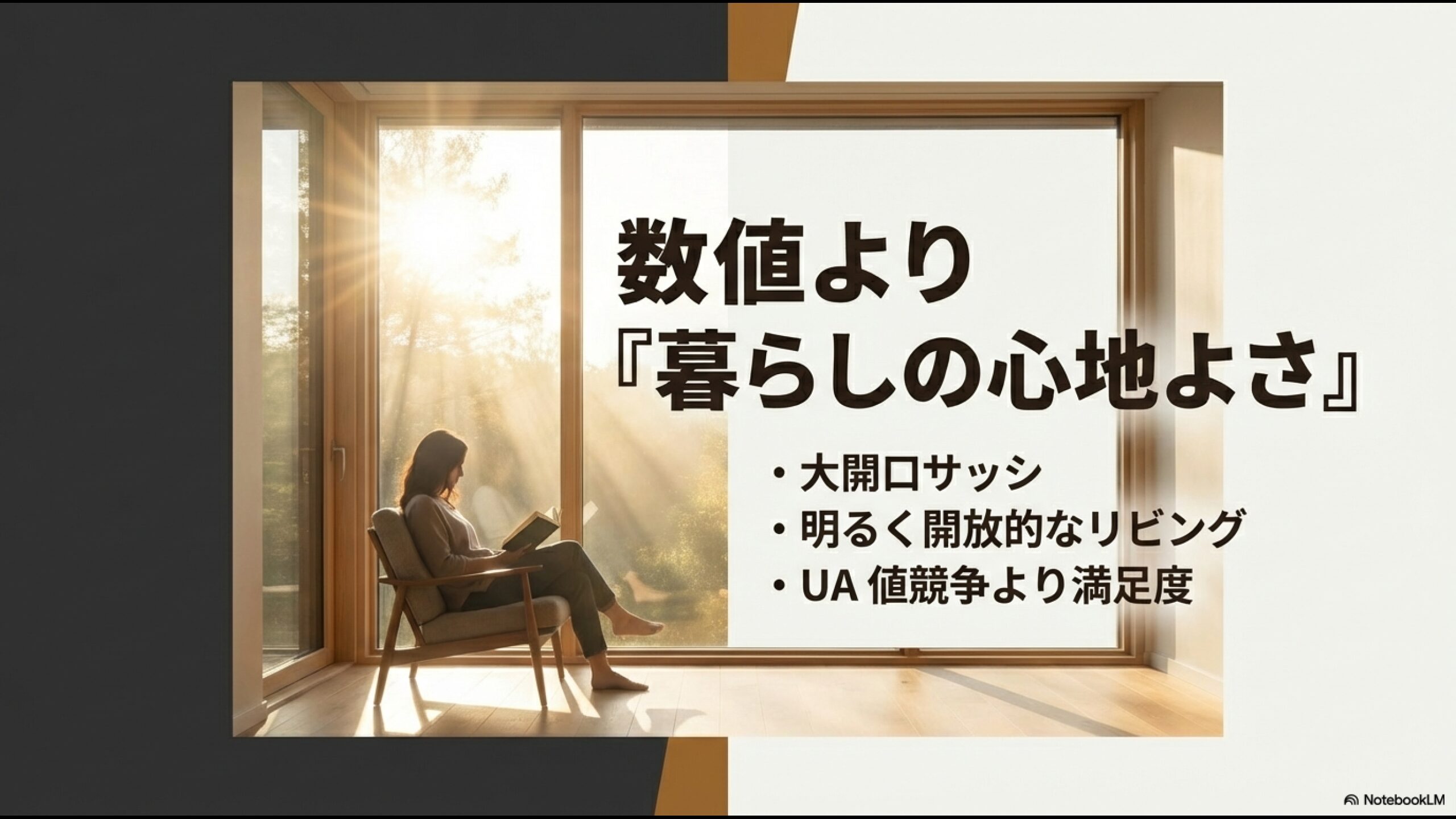 大開口サッシや明るいリビングなど、断熱性能(UA値)の数値だけでなく住み心地とデザインを優先する家づくりの考え方