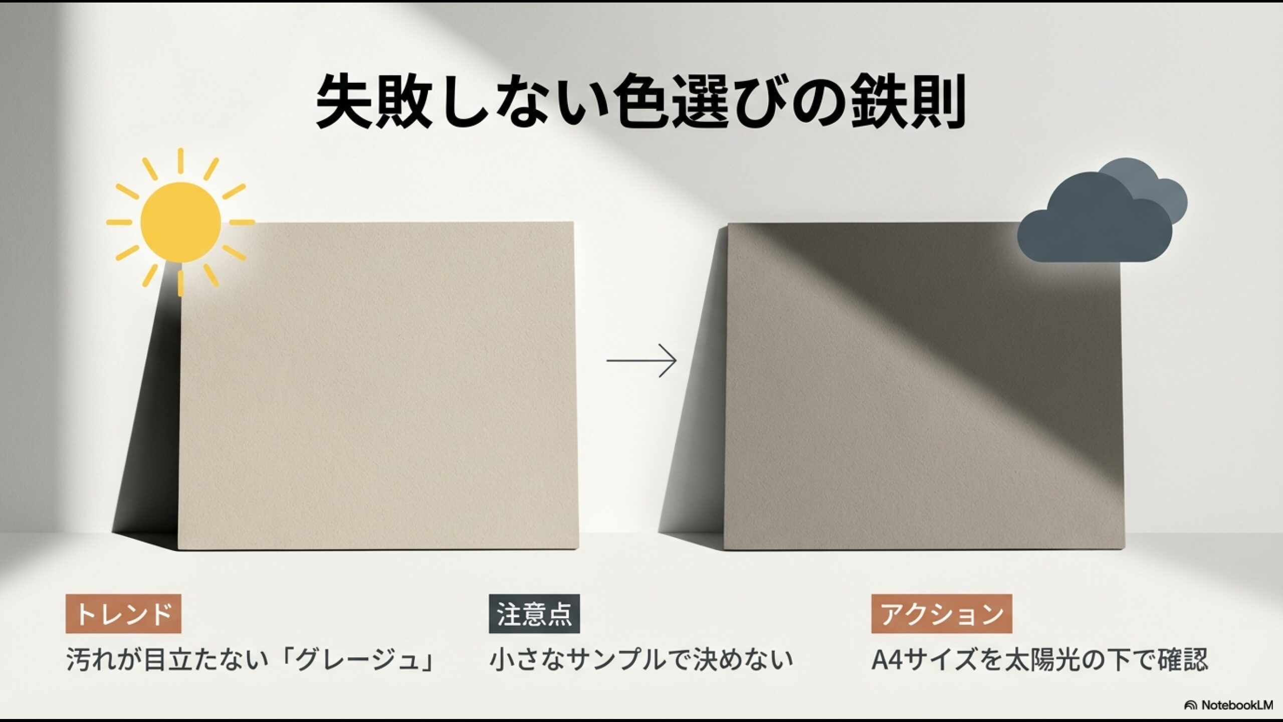 外壁の色選びのポイント。トレンドのグレージュやA4サイズサンプルでの確認の重要性