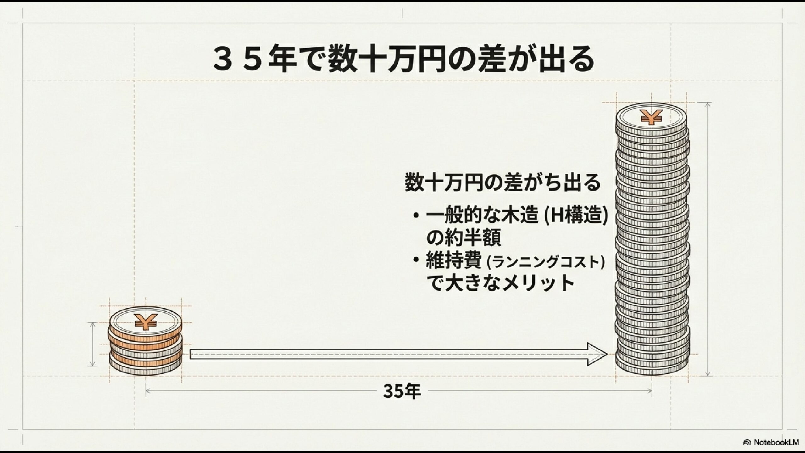一般的な木造住宅(H構造)と省令準耐火構造の35年間の火災保険料・維持費の差額比較イメージ。