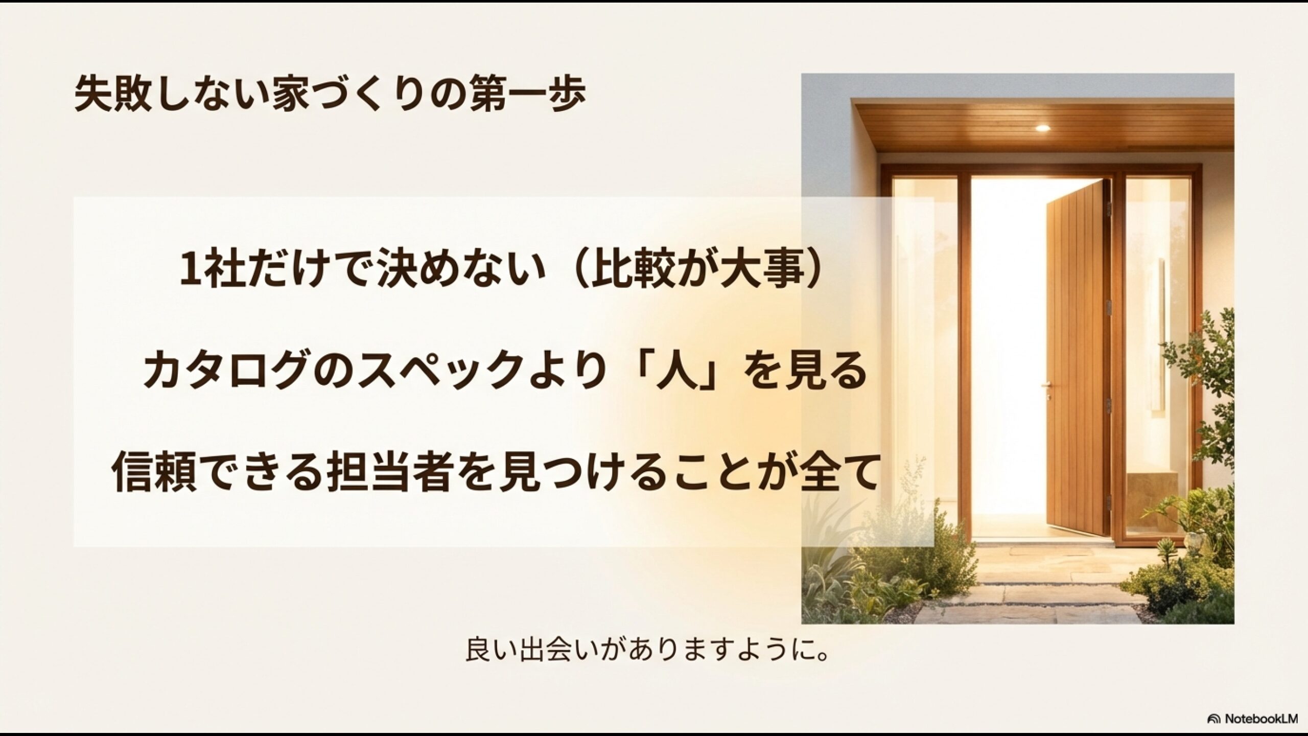 家づくりの成功の鍵は比較検討と担当者選び。カタログスペックよりも信頼できる人を見つけることの重要性