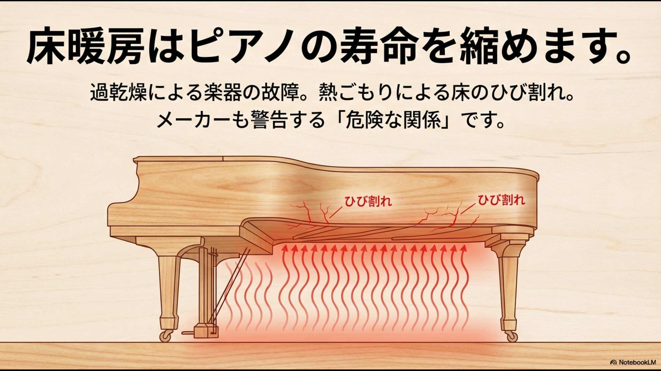 床暖房の熱気が上昇し、グランドピアノの響板にひび割れ(クラック)が入るイメージ図