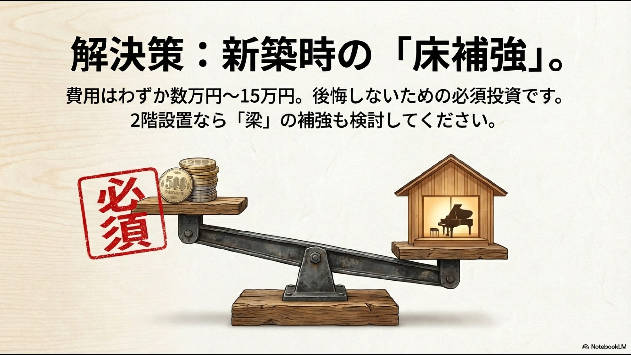 500円玉とピアノのある家を天秤にかけ、床補強が必須の投資であることを示すイラスト
