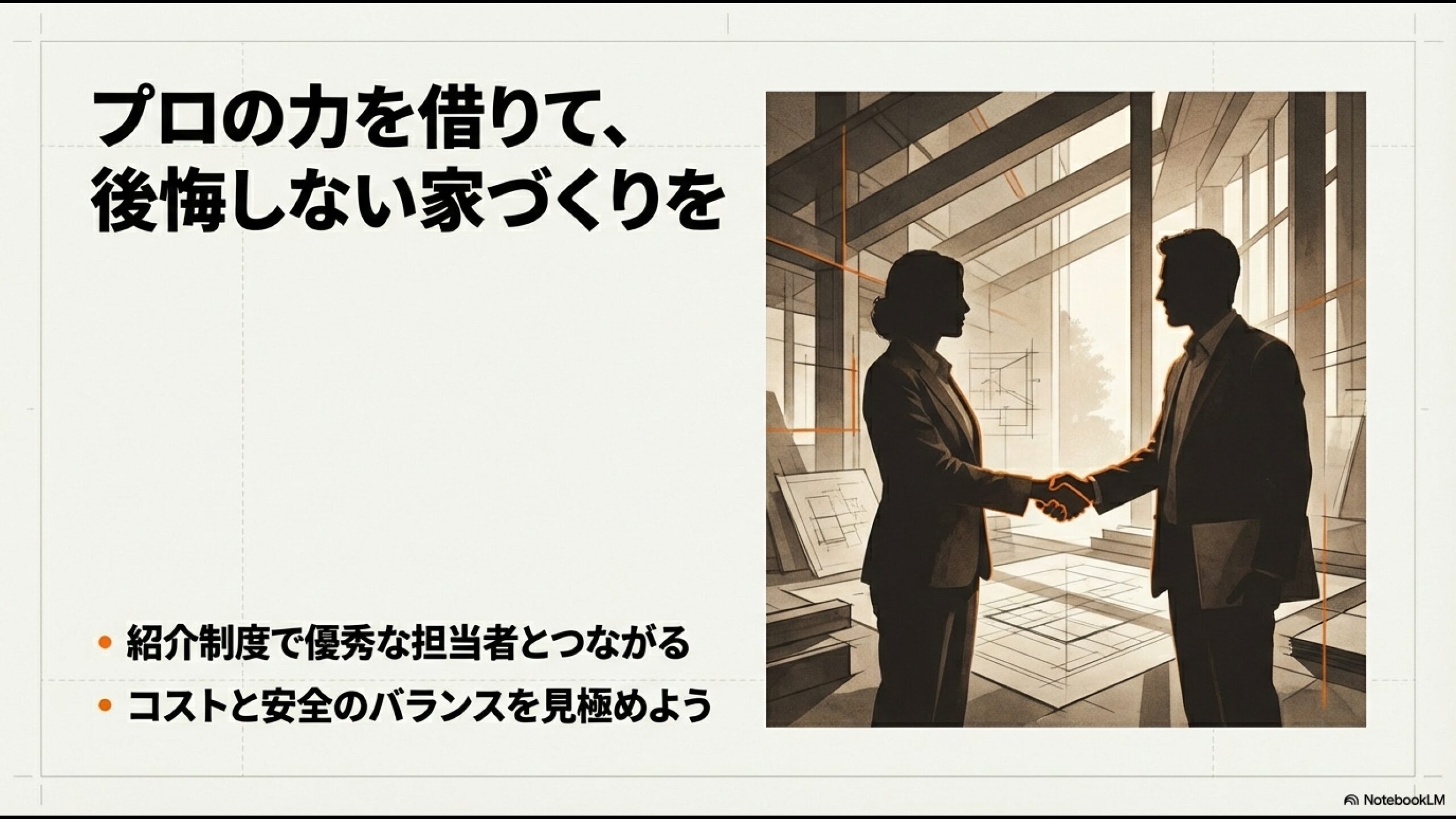 信頼できる担当者と握手をするビジネスパーソンのシルエット。後悔しない家づくりのための紹介制度イメージ。