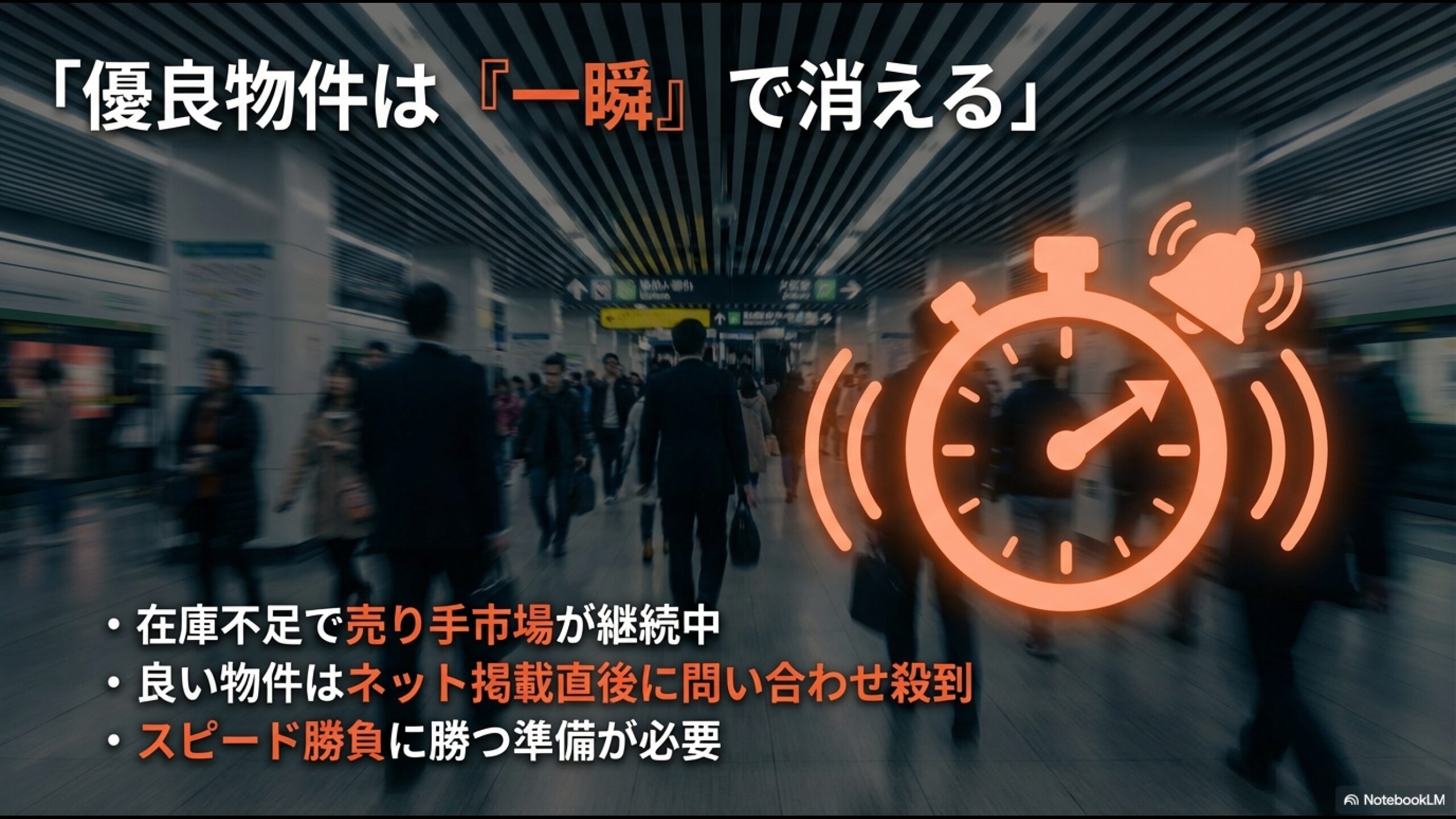 中古マンションの在庫不足により、良い物件はネット掲載直後に問い合わせが殺到し、スピード勝負になっている現状への警告。
