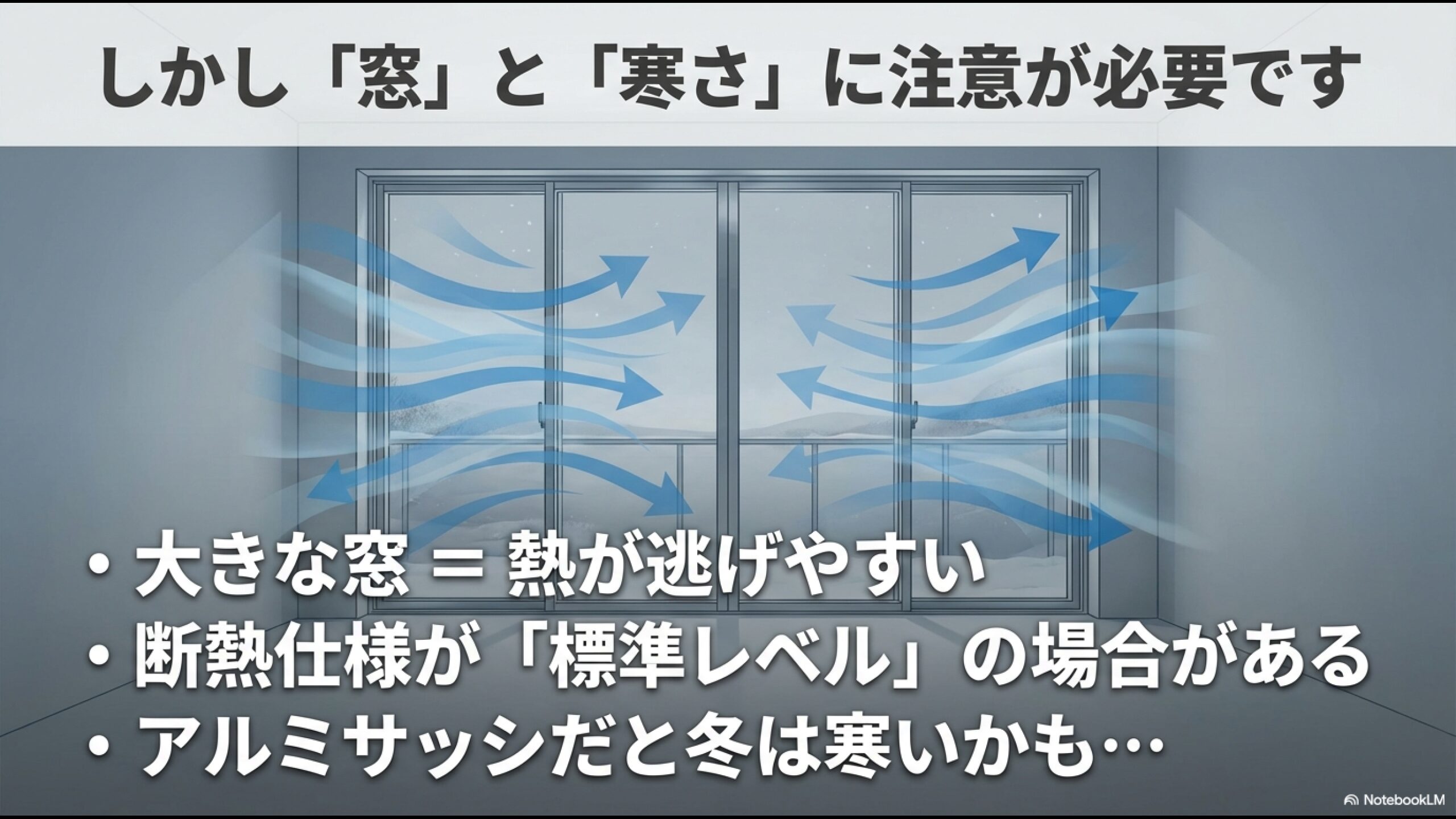 大きな窓による熱損失と標準仕様の断熱材やアルミサッシによる寒さの注意点