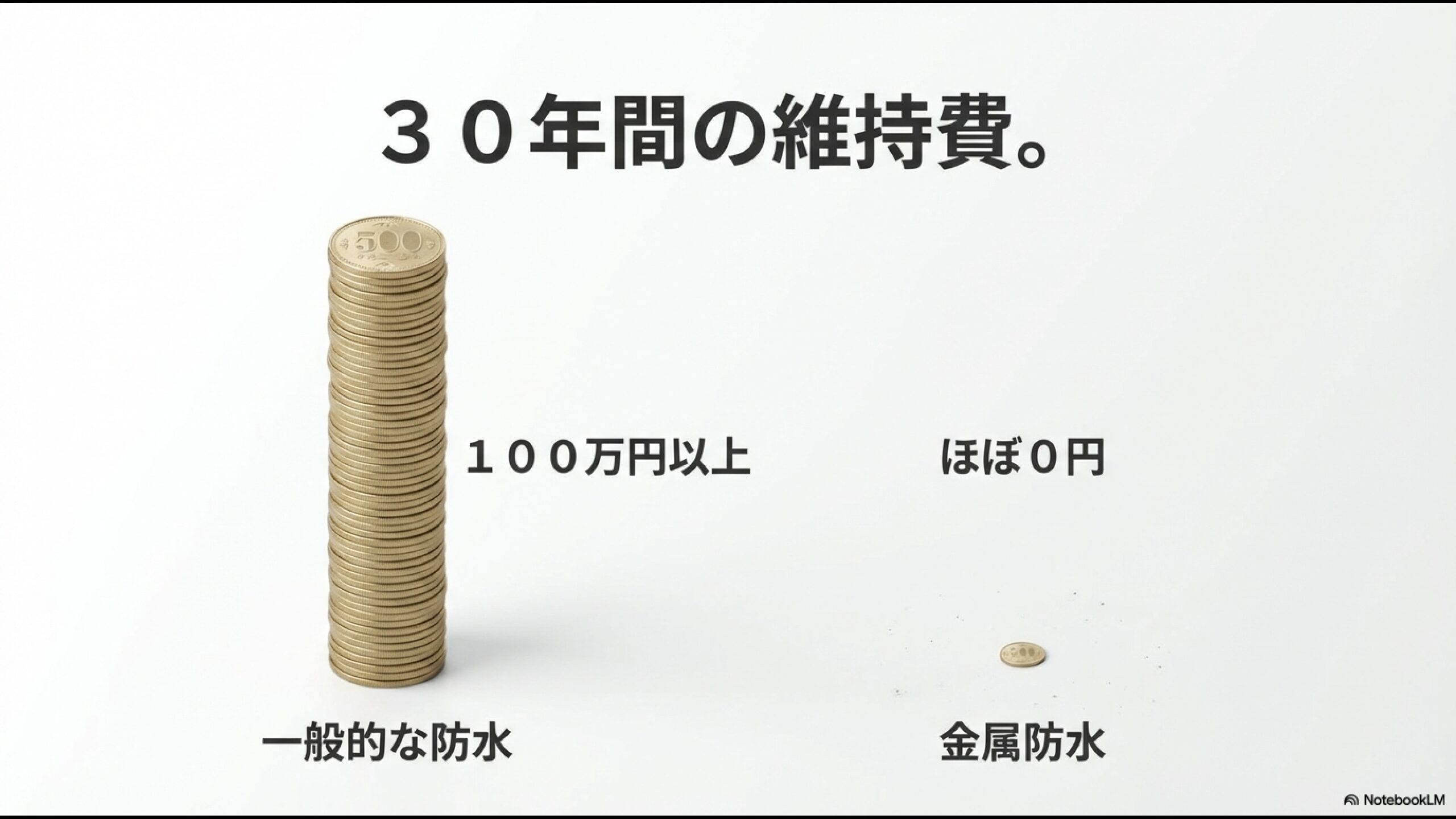 一般的な防水(100万円以上)と金属防水(ほぼ0円)の30年間の維持費をコインの山で比較した図