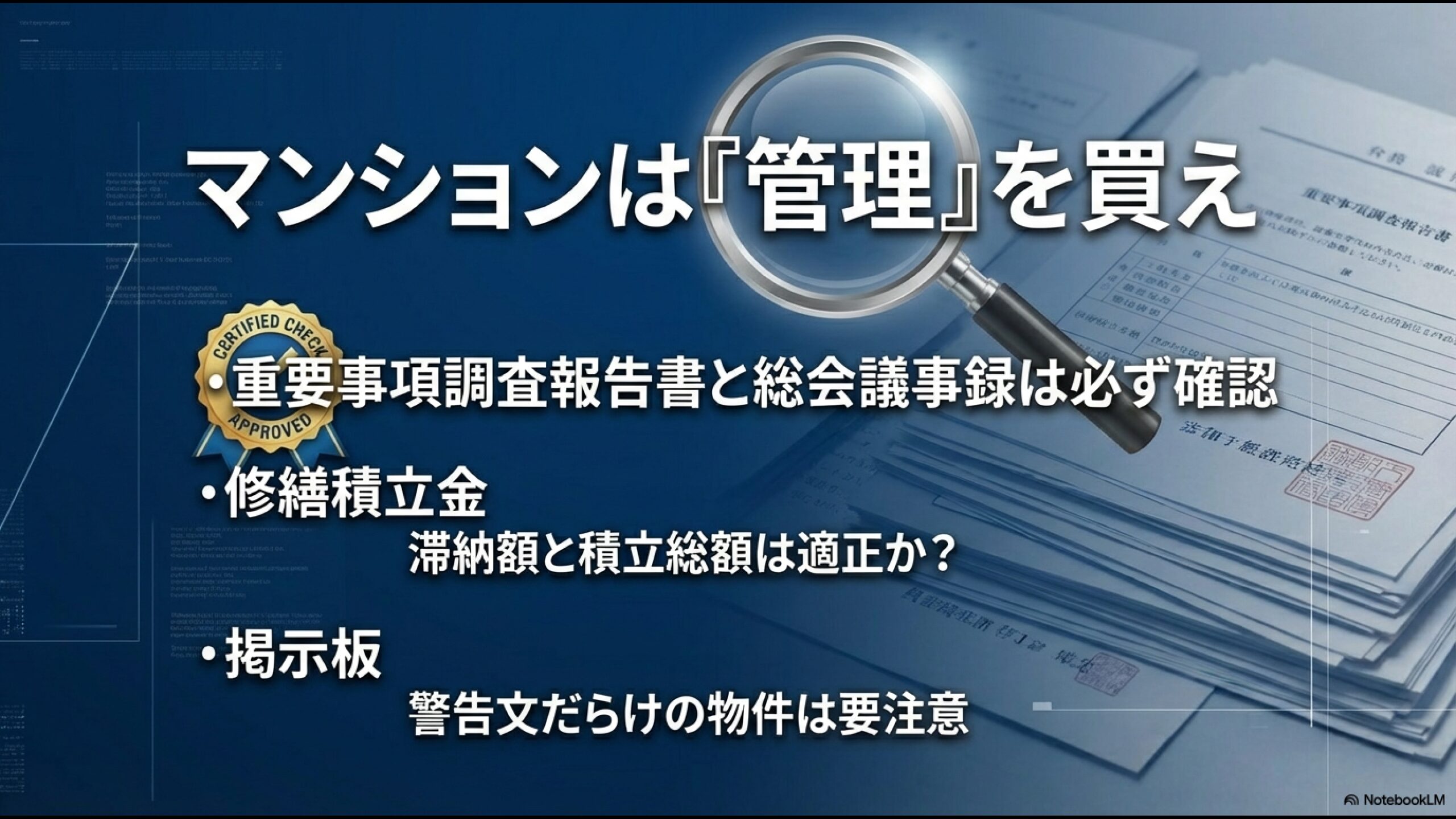マンション管理状態の確認方法。修繕積立金の滞納額や積立総額の適正さ、掲示板の警告文など、管理不全を見抜くためのチェックリスト。