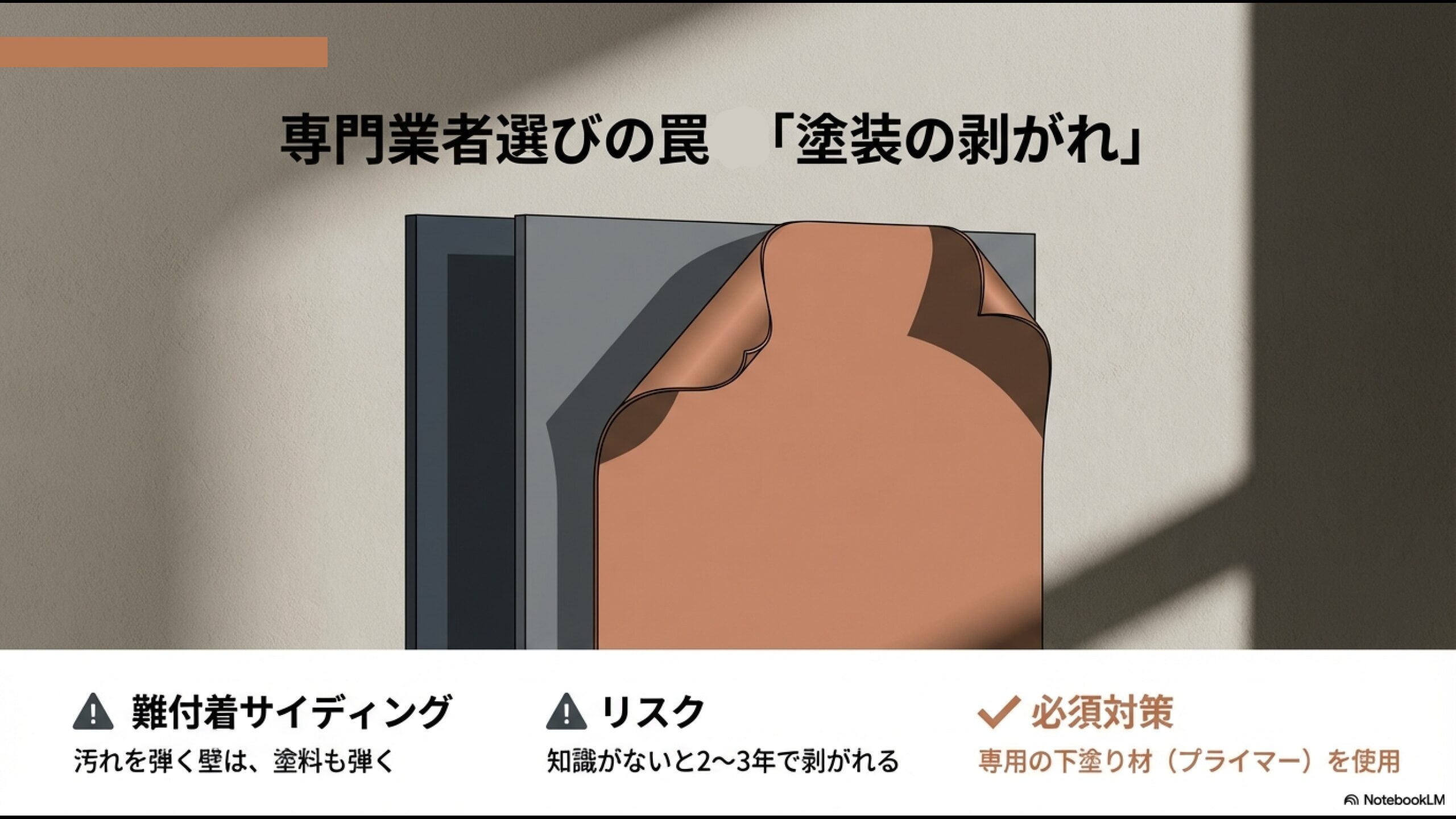 汚れを弾く難付着サイディングの塗装リスク。専用プライマーを使用しないと剥がれる注意喚起