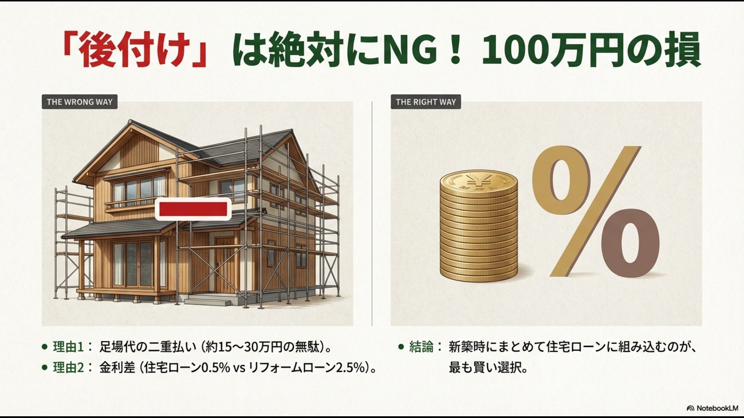 ZEH設備を後付けするのはNG。足場代の二重払いや住宅ローンとリフォームローンの金利差で100万円損をする仕組み。