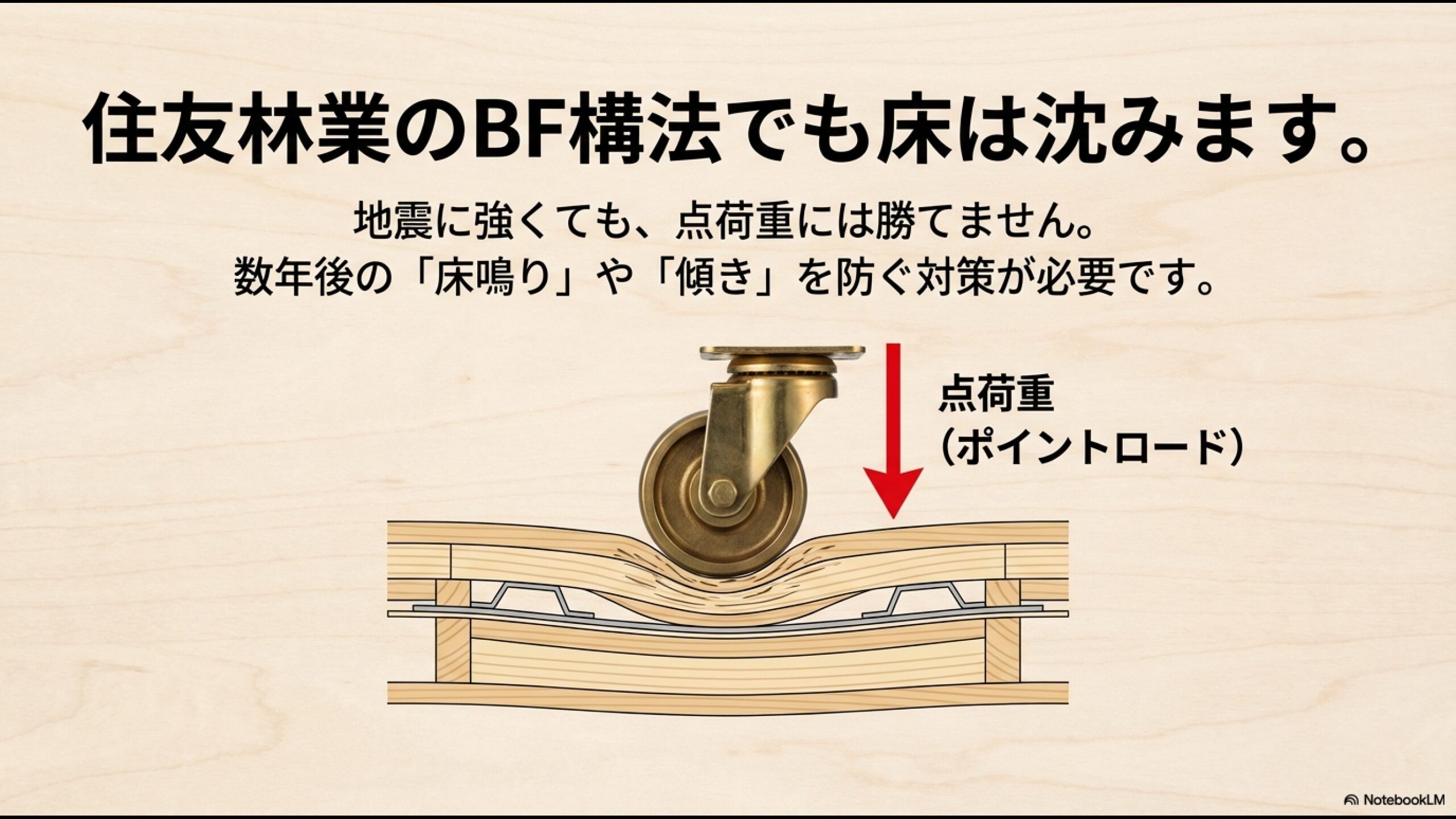 ピアノのキャスターが床材に食い込み、床がたわむ点荷重の断面図イラスト