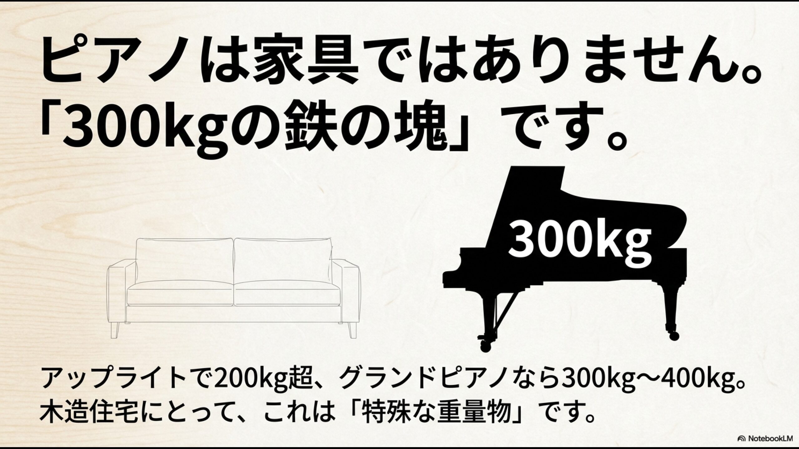 アップライトピアノ200kg超、グランドピアノ300kg〜400kgという重量を示すイラスト