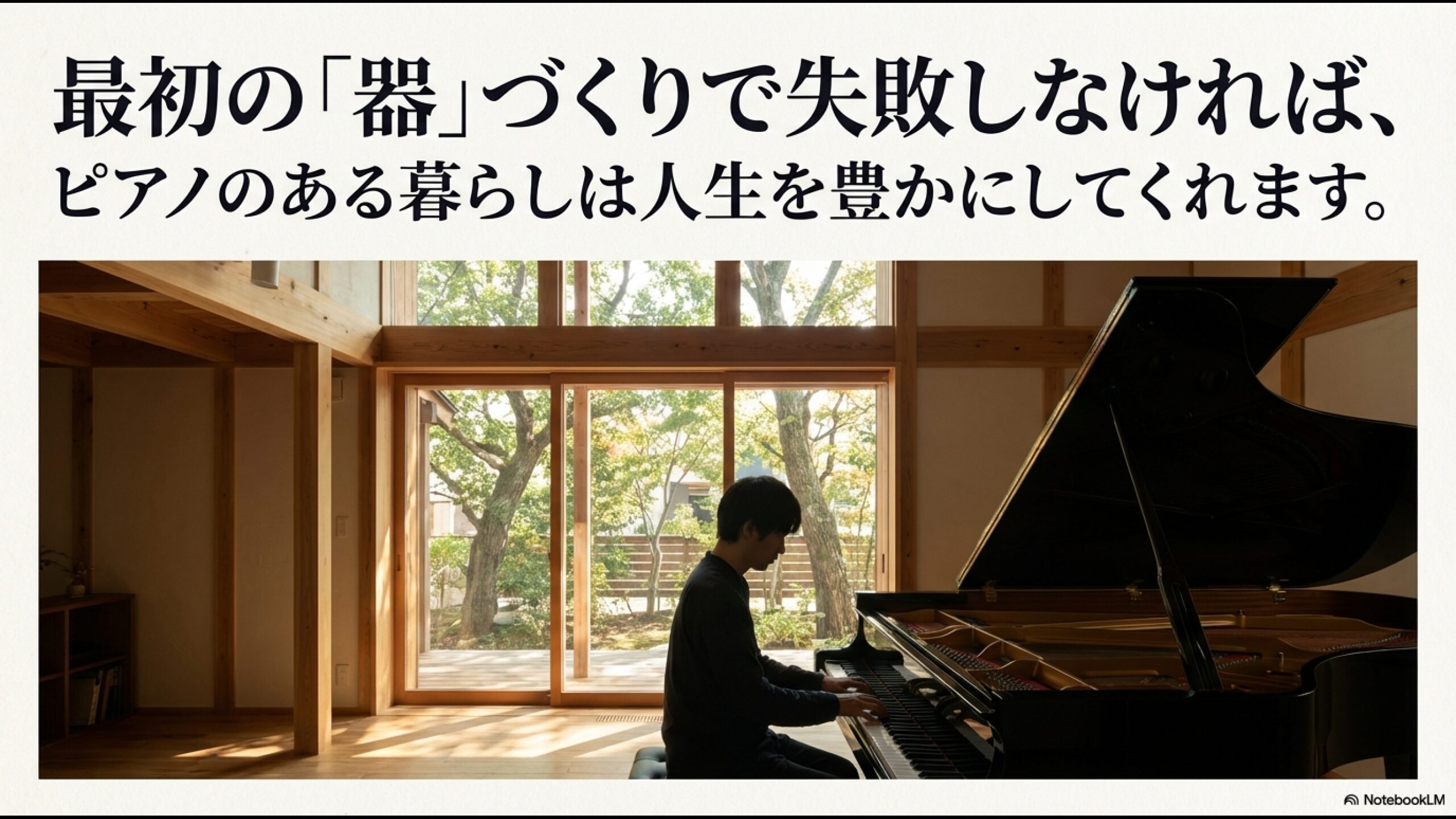 大きな窓から光が差し込む木造住宅のリビングで、男性がグランドピアノを演奏している様子
