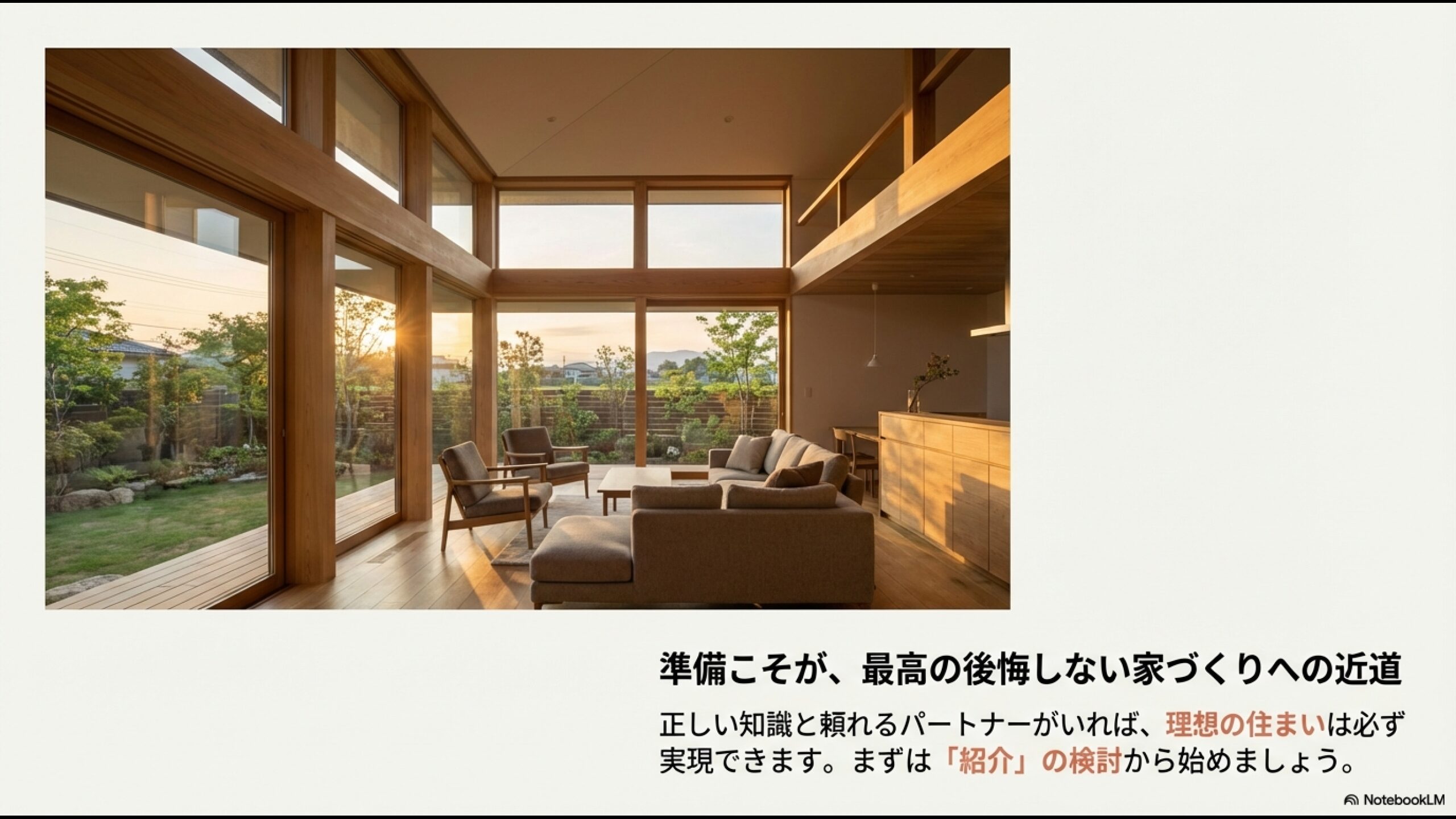 正しい知識と準備が後悔しない家づくりへの近道であるというメッセージ