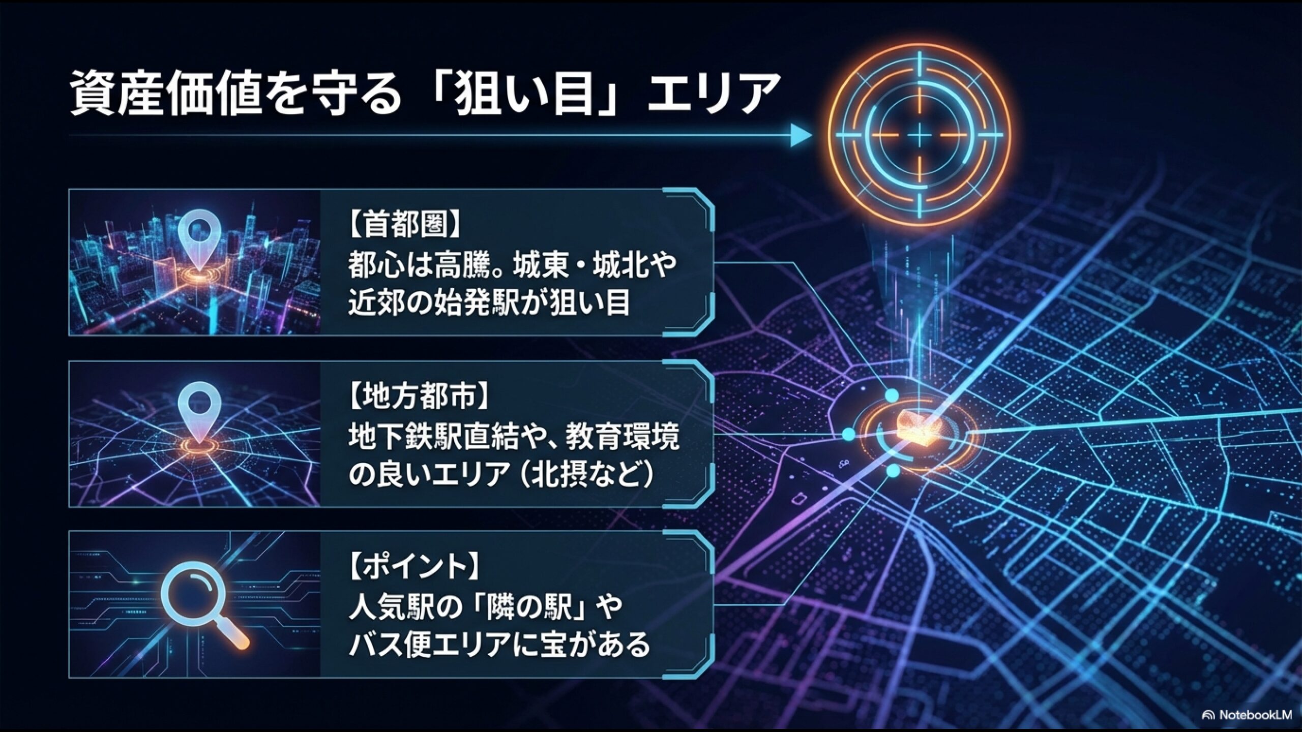 資産価値が維持されやすいエリア。首都圏の城東・城北エリアや始発駅、地方都市の地下鉄直結・文教エリアなどの推奨リスト。