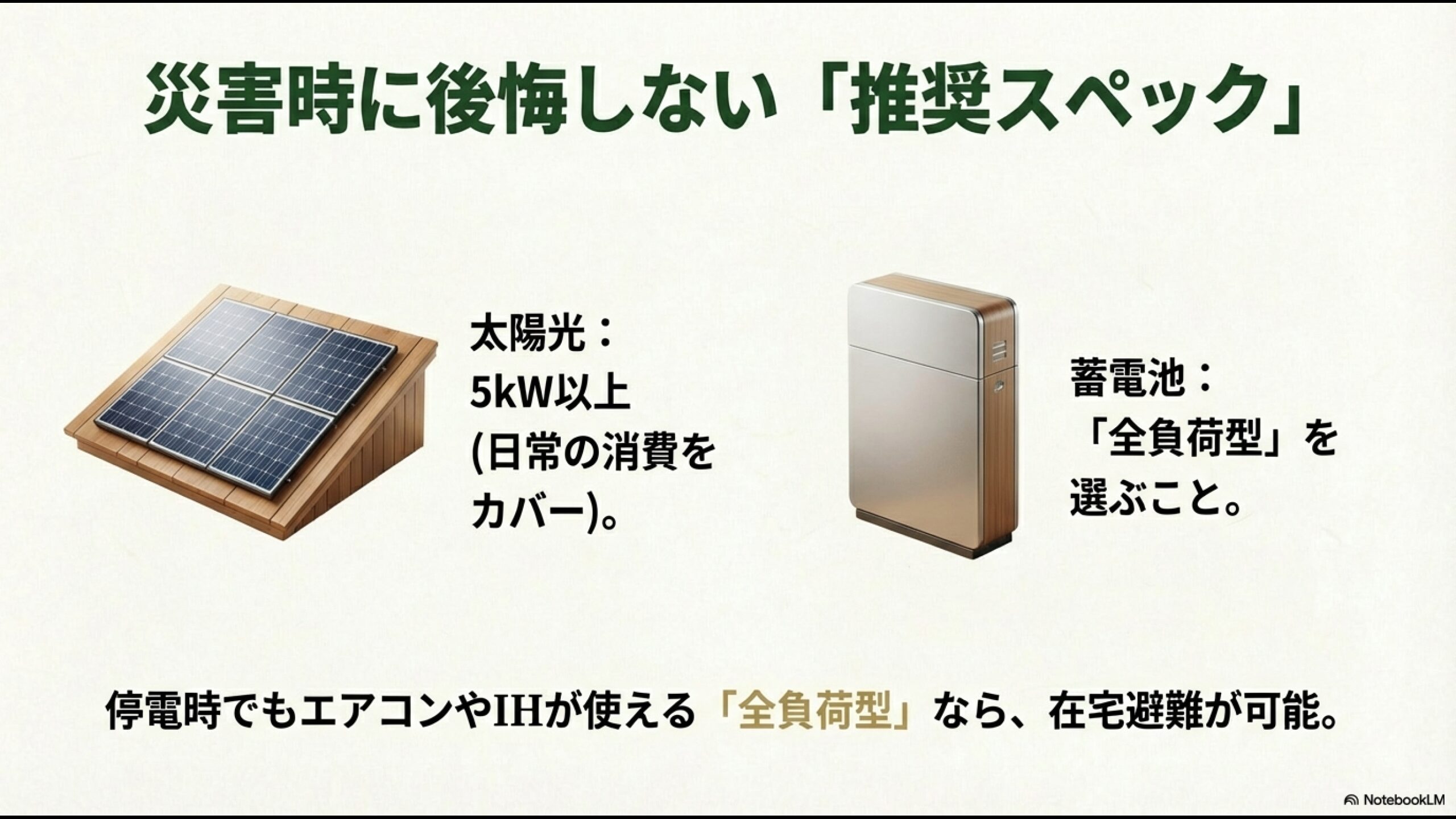 災害時に後悔しない推奨スペック。太陽光は5kW以上、蓄電池は停電時もエアコンやIHが使える全負荷型を選ぶこと。
