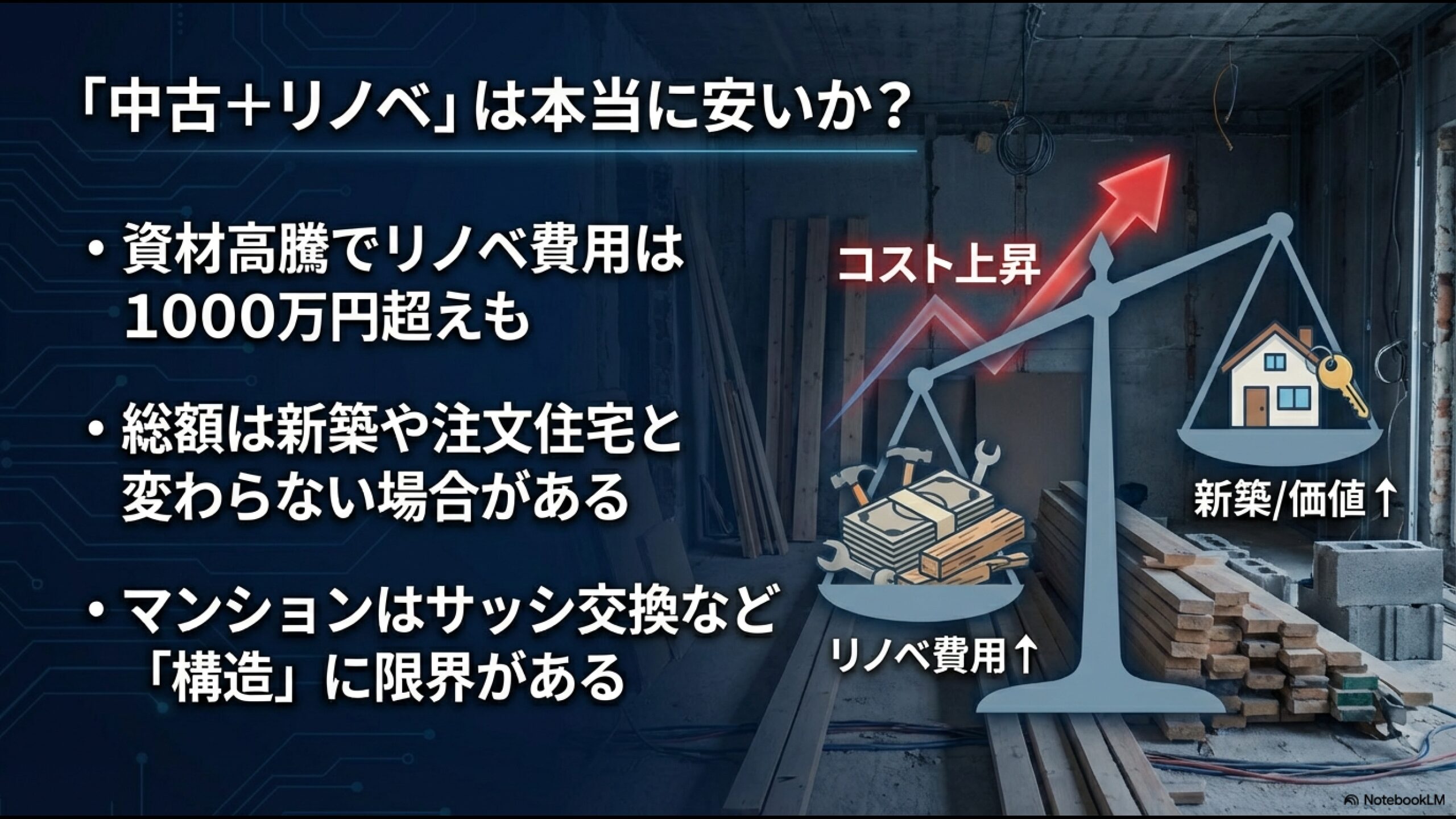 資材高騰によるリノベーション費用の1000万円超えリスクと、サッシ交換不可などマンション構造上の限界についての解説。